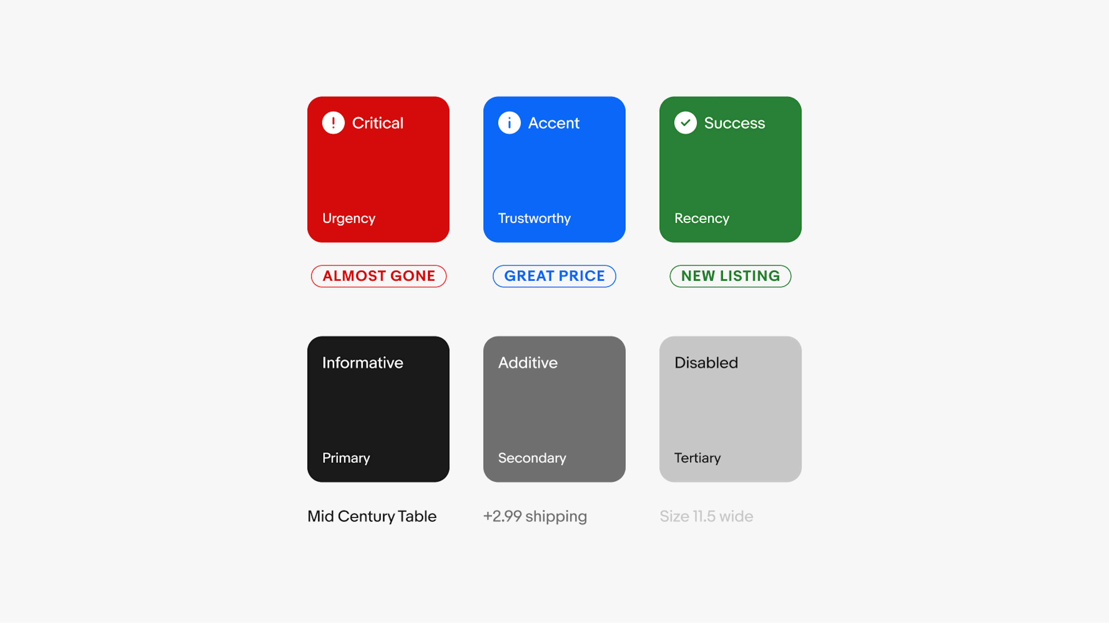Red: Critical, Urgency, Almost gone. Blue: Accent, Trustworthy, Great price. Green: Success, Recency, New Listing. Black: Informative, Primary. Gray: Additive, Secondary. Light gray: Disabled, Tertiary. 
