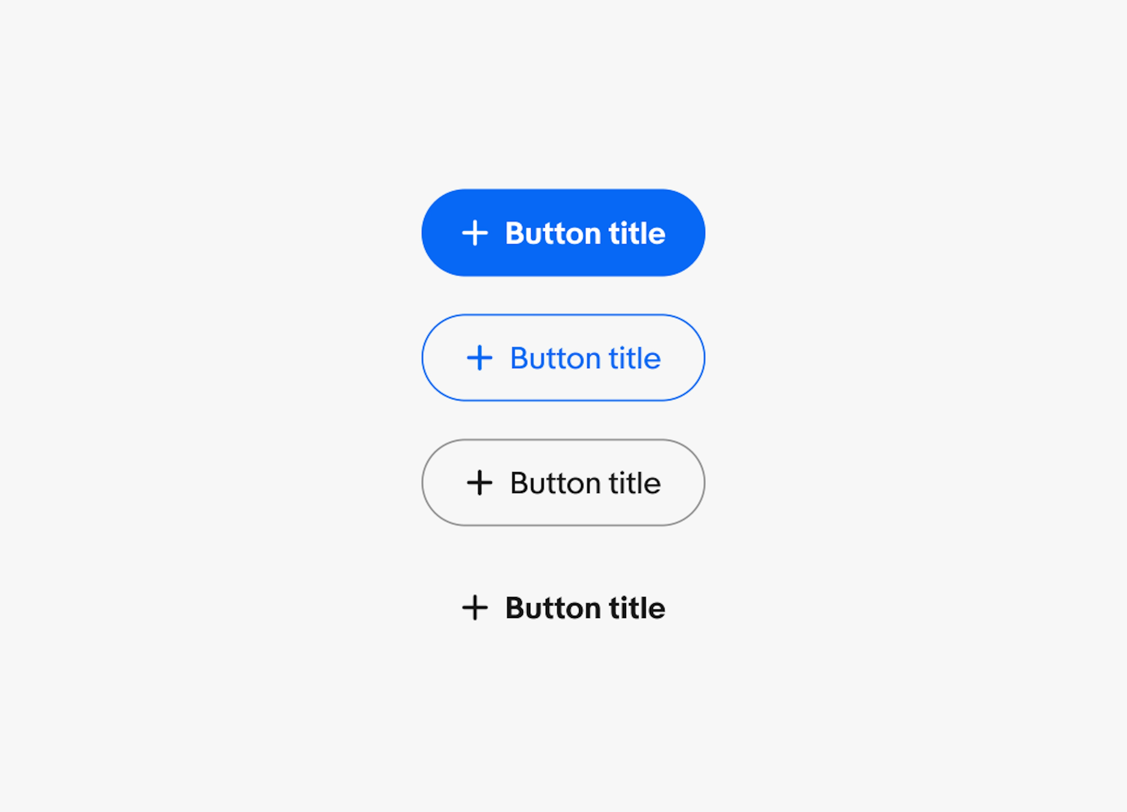 Four CTA button variants each with a different level. The top button is primary, the second button is secondary, the third button is tertiary, and the fourth button is borderless.