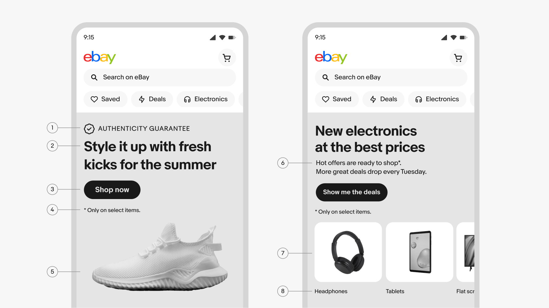 Two mobile banner examples with various aspects called out using pointers. Number 1 points to the signal - a small check icon that says “Authenticity Guarantee” in caps at the top of the banner. Number 2 points to the bolded headline which sites below the signal. Number 3 points to a solid black button below the headline. Number 4 point to a small disclaimer of text that says, “*Only on select items”. Number 5 points to an image of a shoe underneath the disclaimer. Number 6 points to 2 lines of body copy underneath a headline in the second example. Number 7 points to a carousel with 3 images called “destination cards”. Number 8 points to a string of text under each destination card called “destination links”.