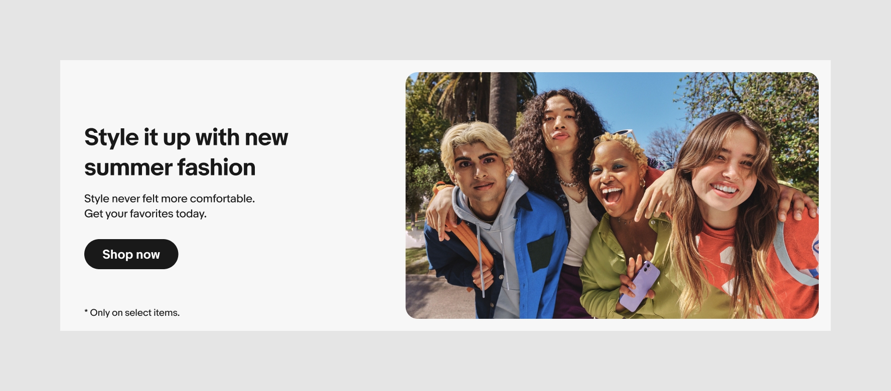 A light gray banner with black text centered vertically on the left and an image of 4 happy Gen Z-ers inset with rounded corners on the right.