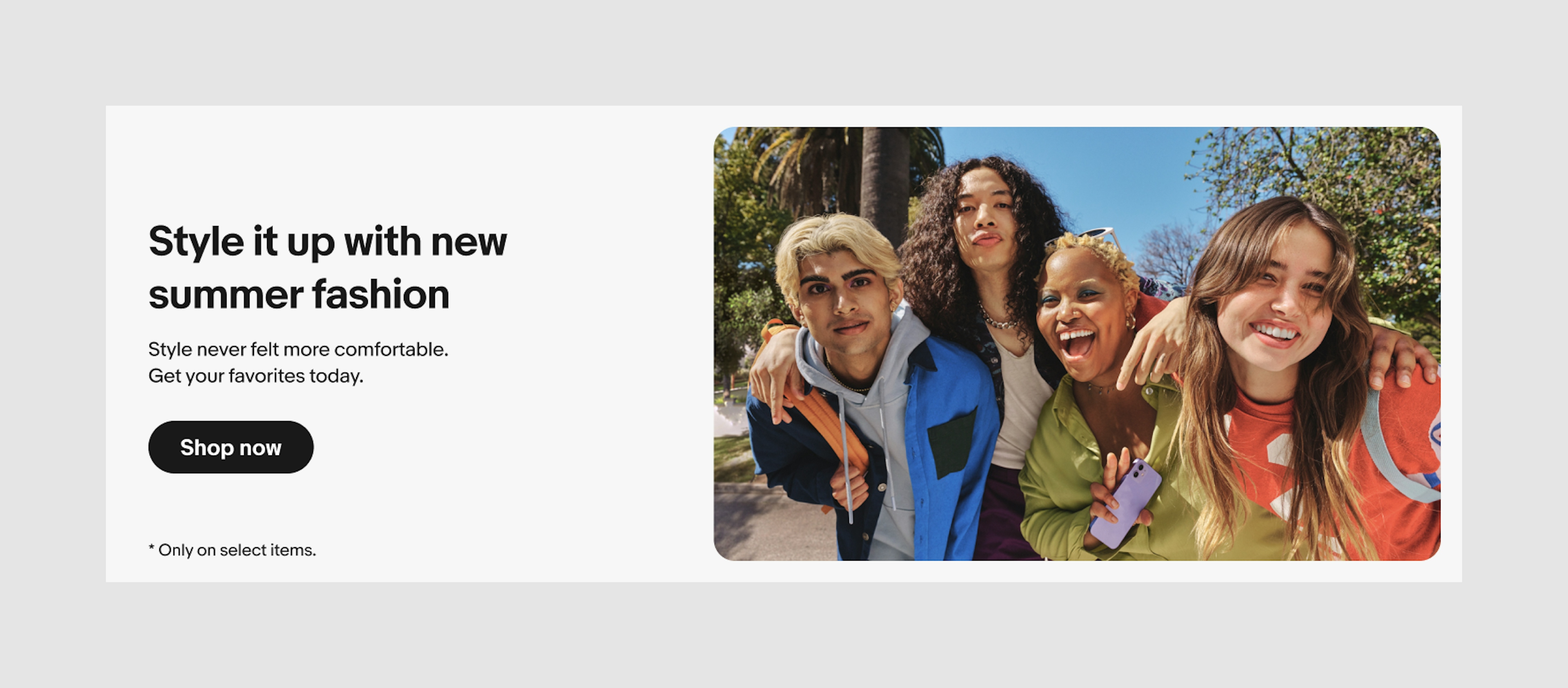 A light gray banner with black text centered vertically on the left and an image of 4 happy Gen Z-ers inset with rounded corners on the right. 