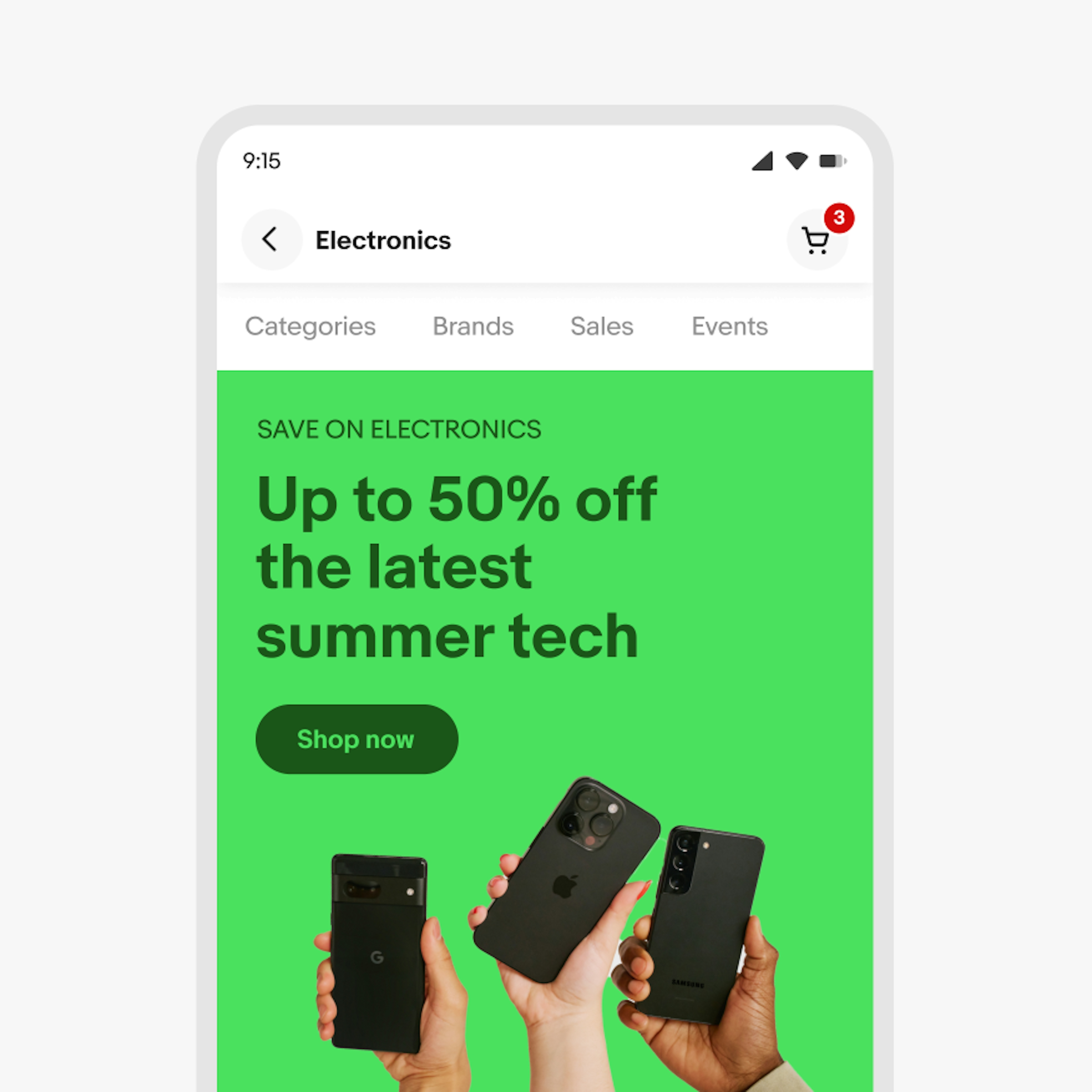 Example of a banner in light mode with the page title in black on a white background. The banner is bright green with dark green text and a photo of hands holding 3 black phones. 