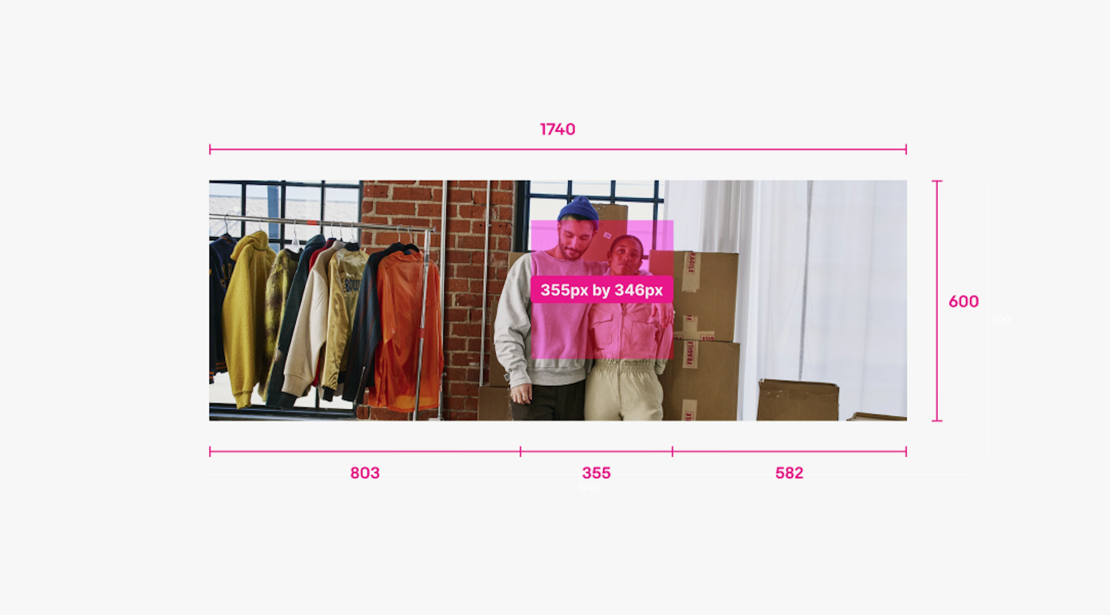 Rectangular full bleed lifestyle image with measurements across the top bottom and right side. Top measurement is 1740px wide and goes from the left edge to the right edge of the photo. The measurement on the right is 600px and goes from the top to the bottom. There is a pink square centered vertically and just to the right of center horizontally that measures the safe zone which is 355px by 346px inside the photo. Along the bottom there are 3 measurements. From left edge to start of safe zone box is 803px. From left edge of safe zone box to right edge is 355px. And right edge of safe zone to right edge of photo is 582px.