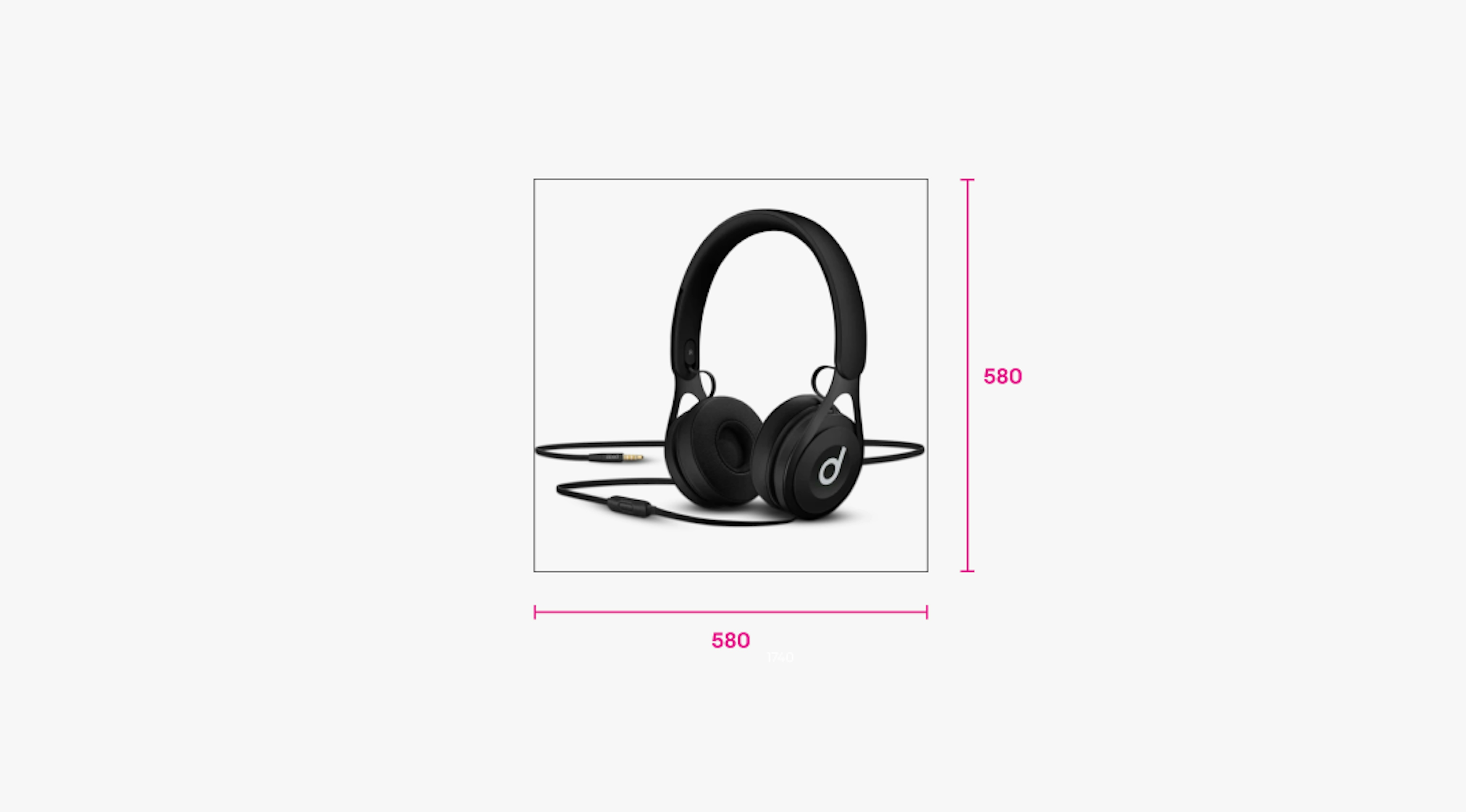 Photo of black over the ear headphones with a transparent background and two measurements. The measurement on the right shows the height is 580px and extends top to bottom. The measurement on the bottom shows the width is also 580px from left to right.