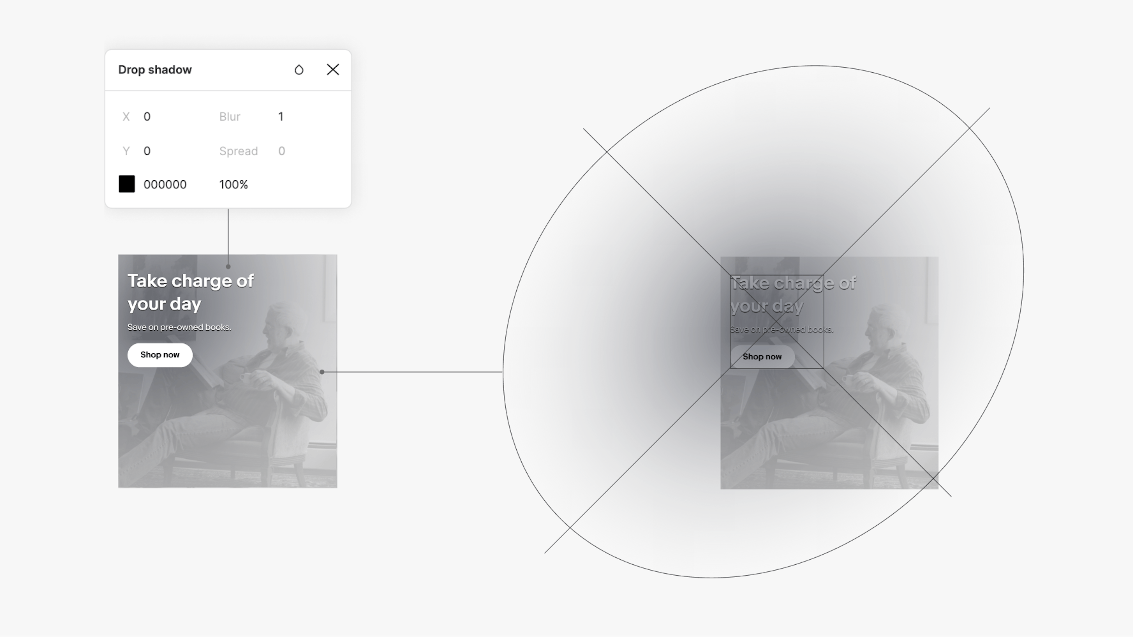 Visual of what the drop shadow settings look like in the figma panel and how the radial gradient is centered behind the text box and extends off the banner edges.