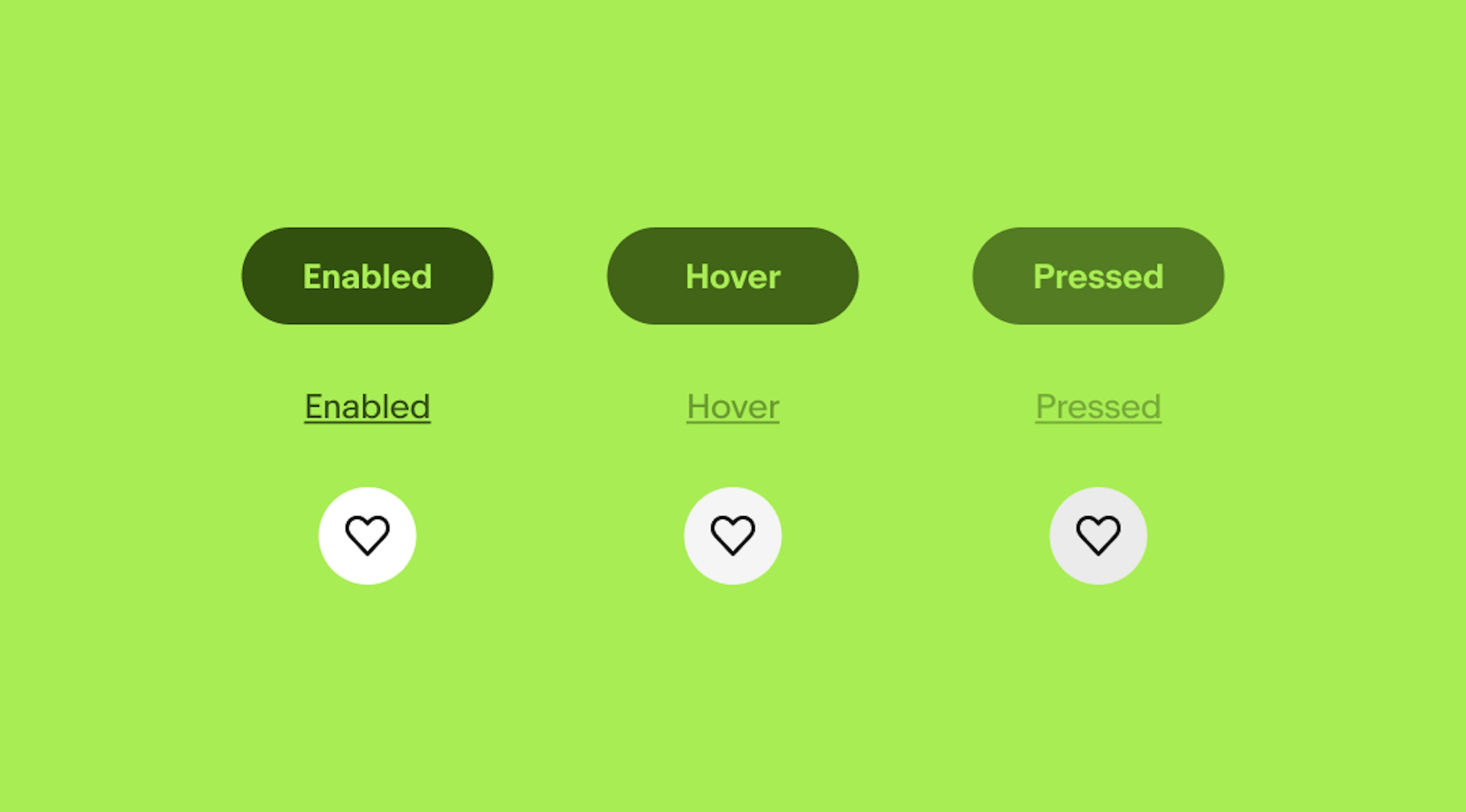 Image showing how branded buttons, text links, and icon buttons change appearance when enabled, hovered, and pressed. Branded buttons and links change opacity levels and icon buttons get darker.