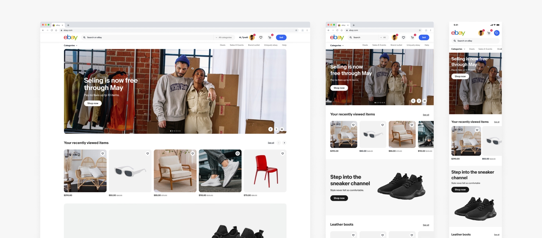 Examples of how banners look at 3 different screen sizes - desktop, tablet, and mobile. Each size has a lifestyle image background banner at the top, a carousel of products underneath it, and a light gray color background banner underneath that.