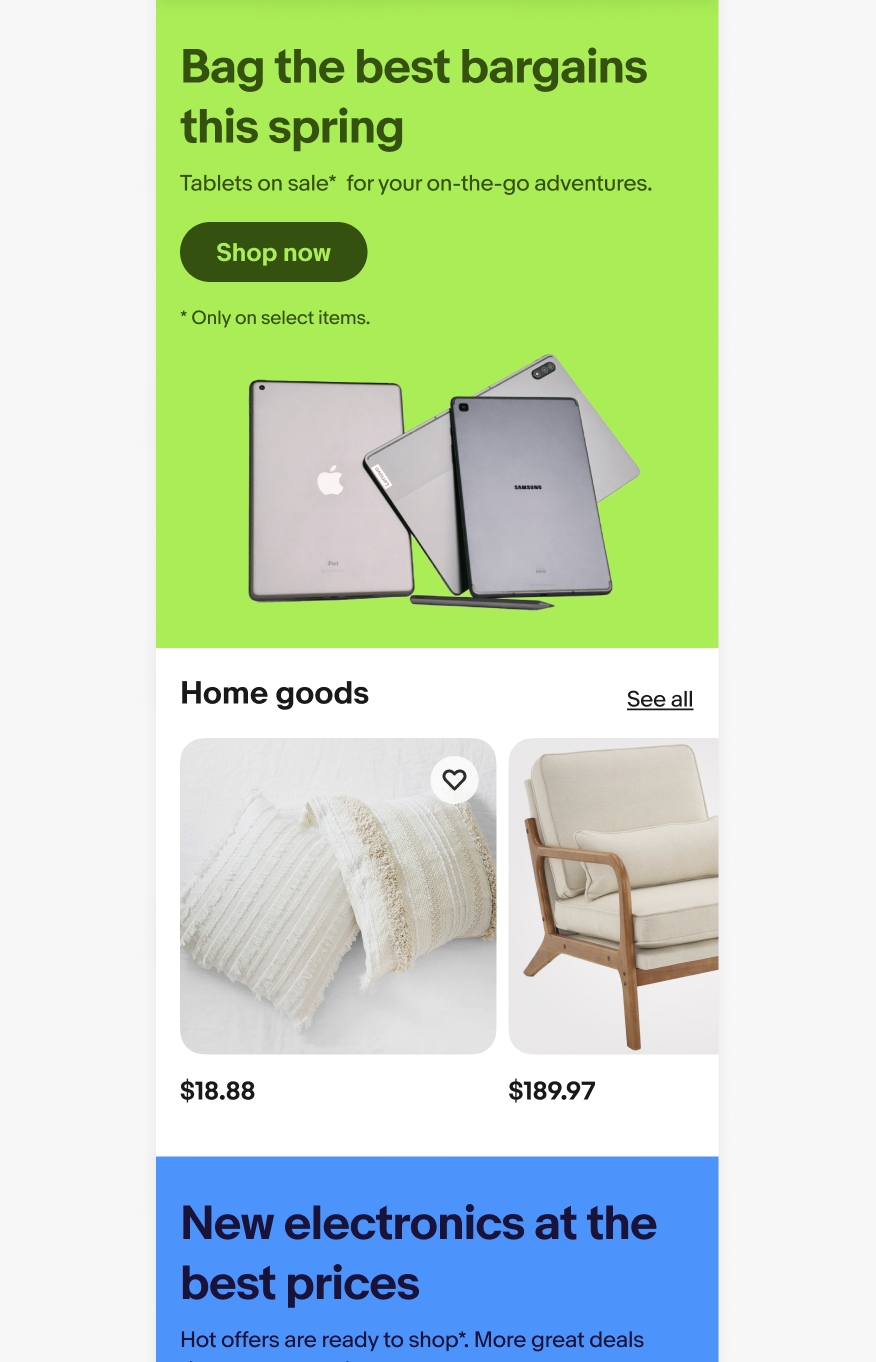 Mobile eBay page with a bright green and bright blue banner separated by a carousel of products titled, “home goods” in between them.