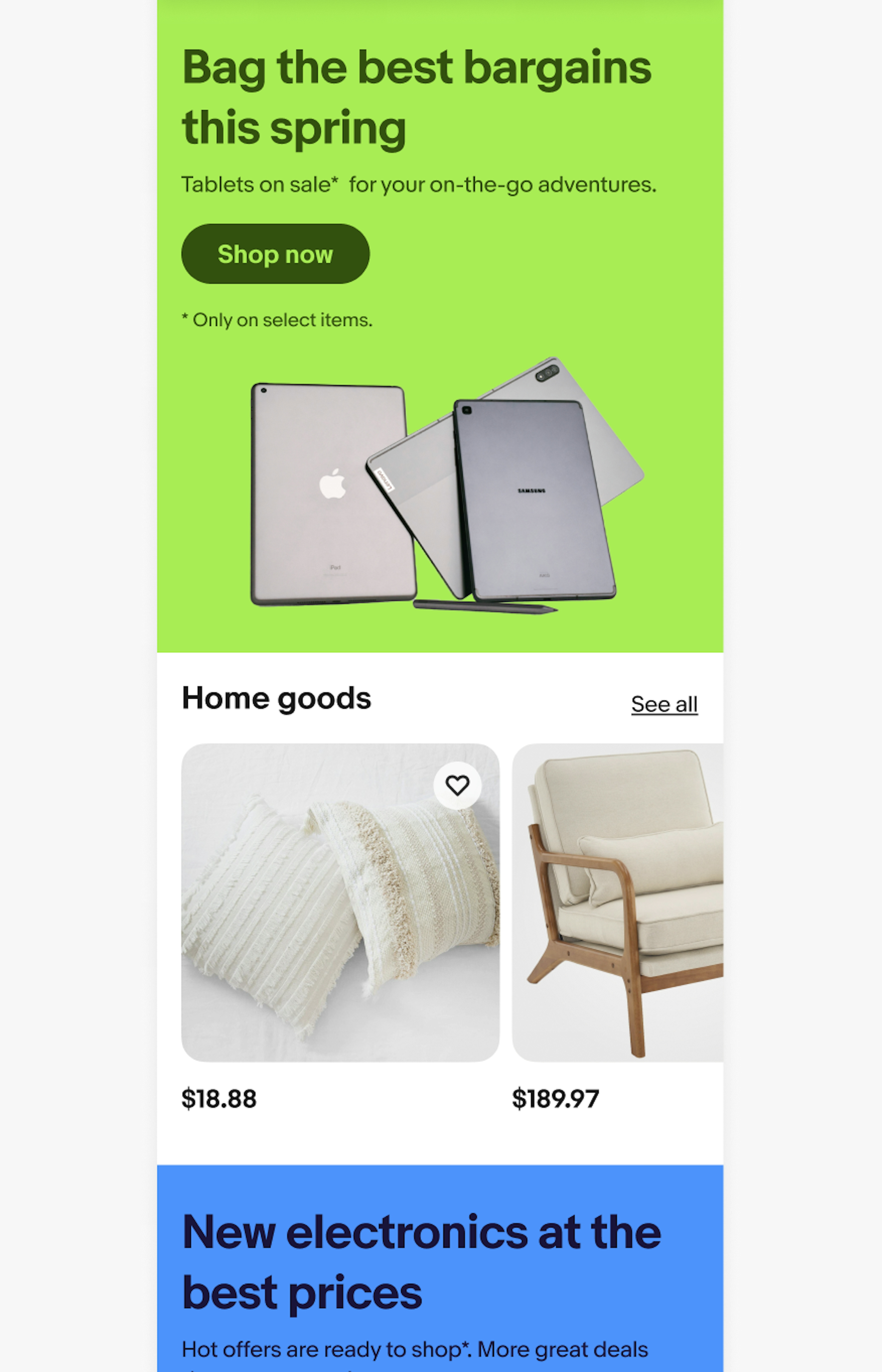 Mobile eBay page with a bright green and bright blue banner separated by a carousel of products titled, “home goods” in between them. 