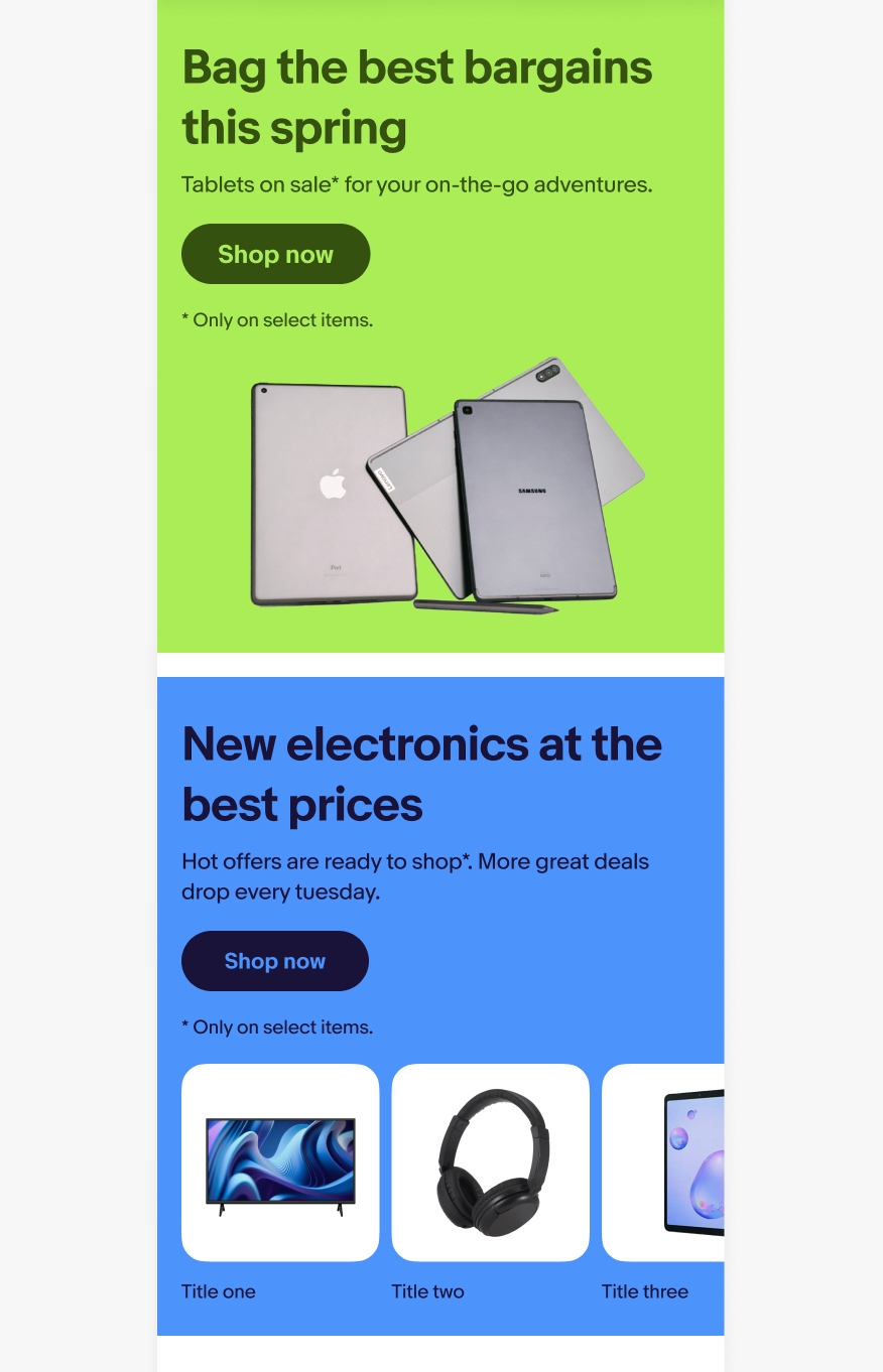 Mobile eBay page with a bright green and bright blue banner separated by a carousel of products titled, “home goods” in between them.