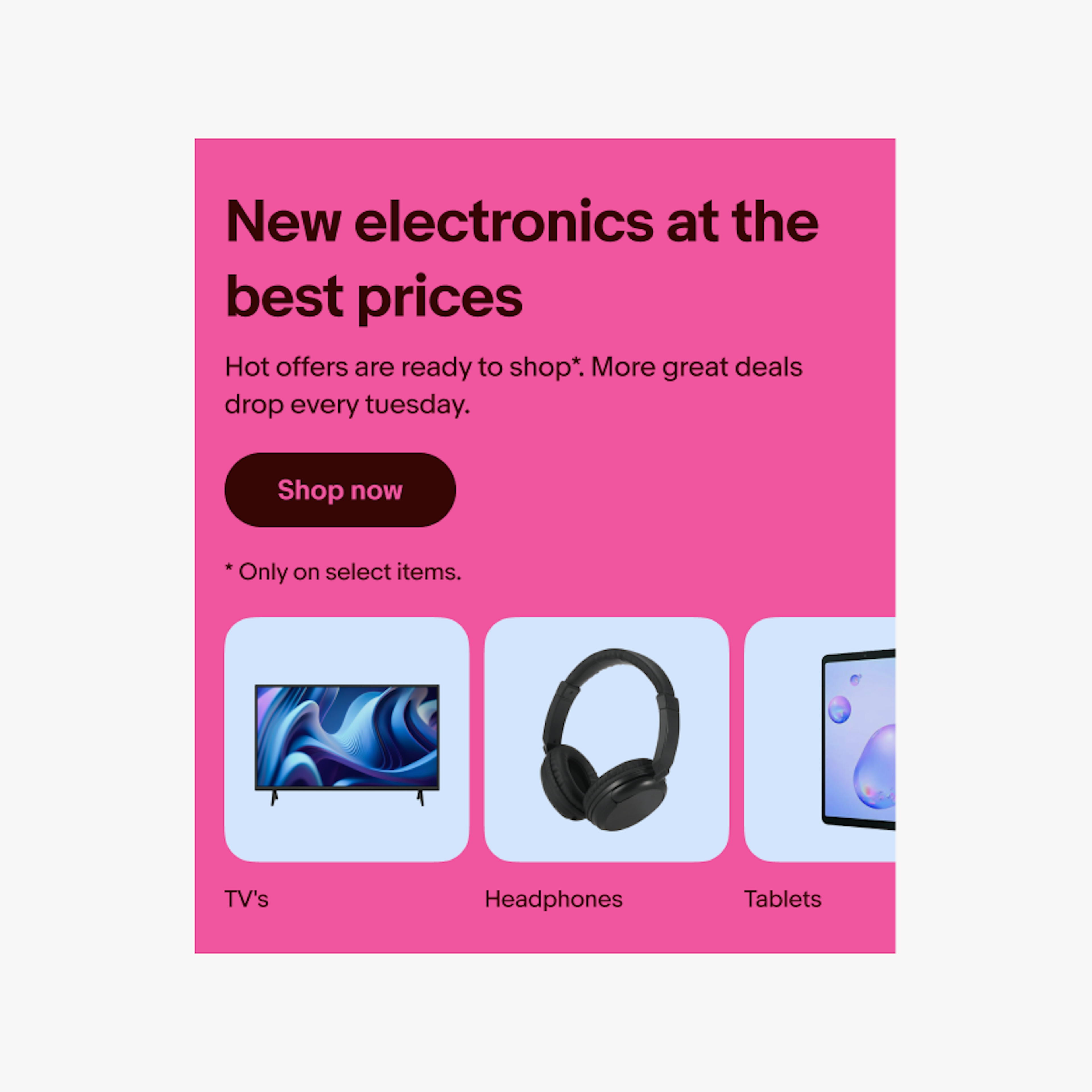 Hot pink multi-destination banner with 3 destination cards. All 3 cards have a light blue background. The first card has a photo of a black TV with blue screen centered inside it, the second has a photo of black headphones, and the third has a photo of a black tablet with blue screen.