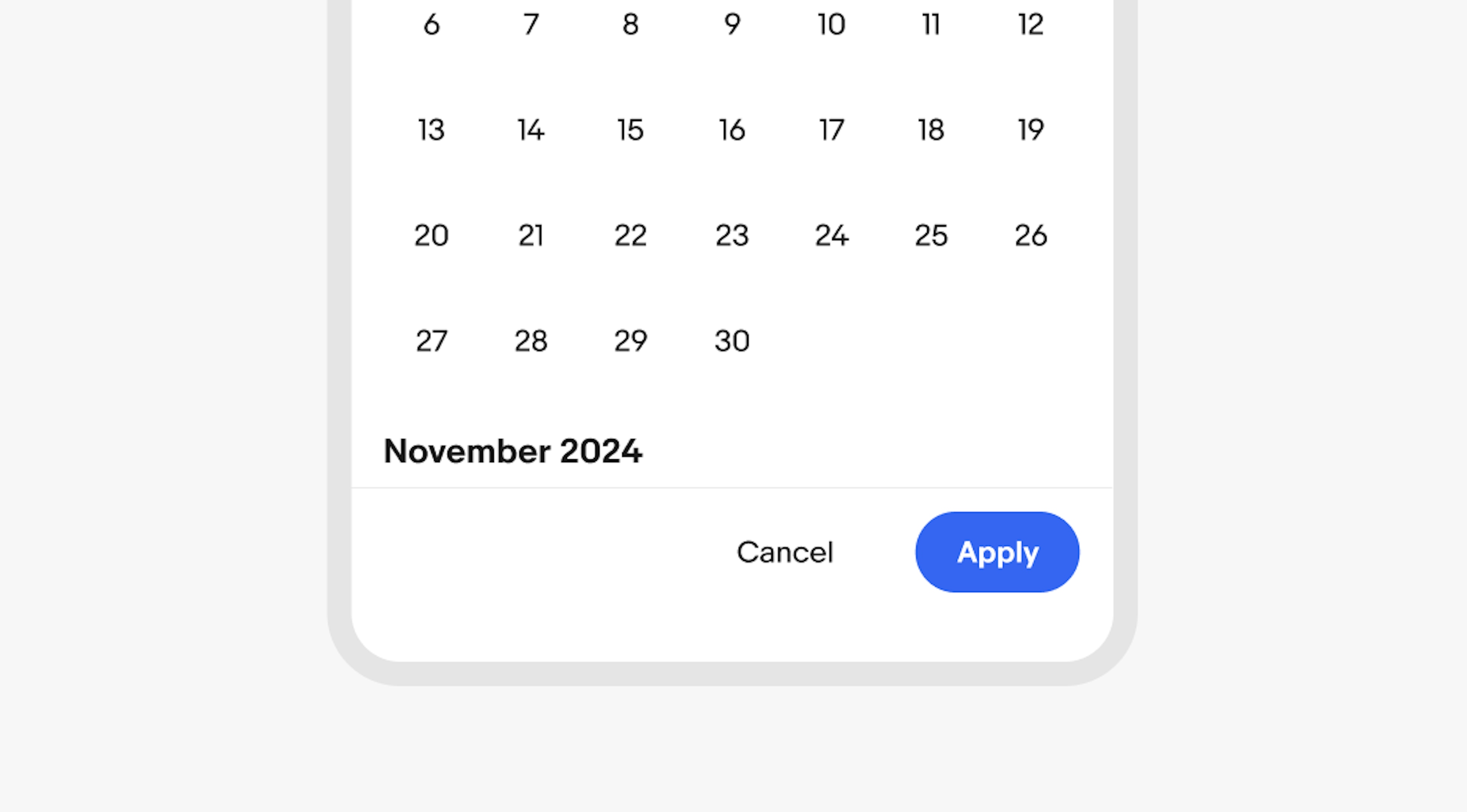 A borderless button in context in the footer of a fullscreen date picker with a title of “Cancel”.