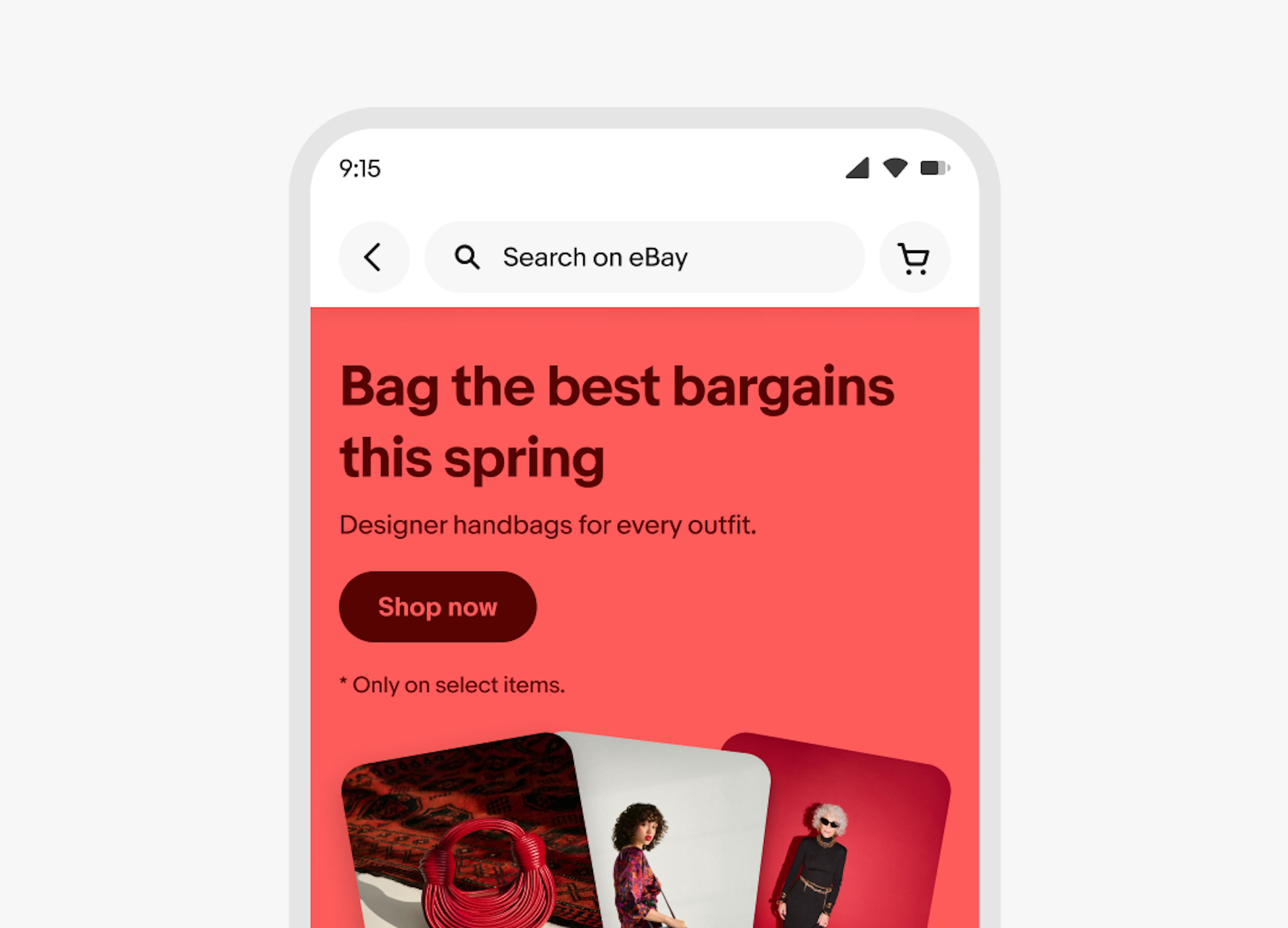 A red banner containing a branded button in it’s theme with the title “Shop now”.