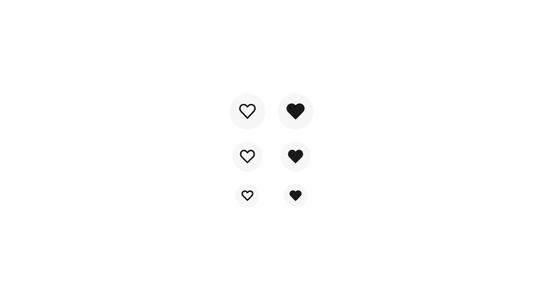 A set of outlined and filled save icon buttons. Both contain large, medium, and small variants.