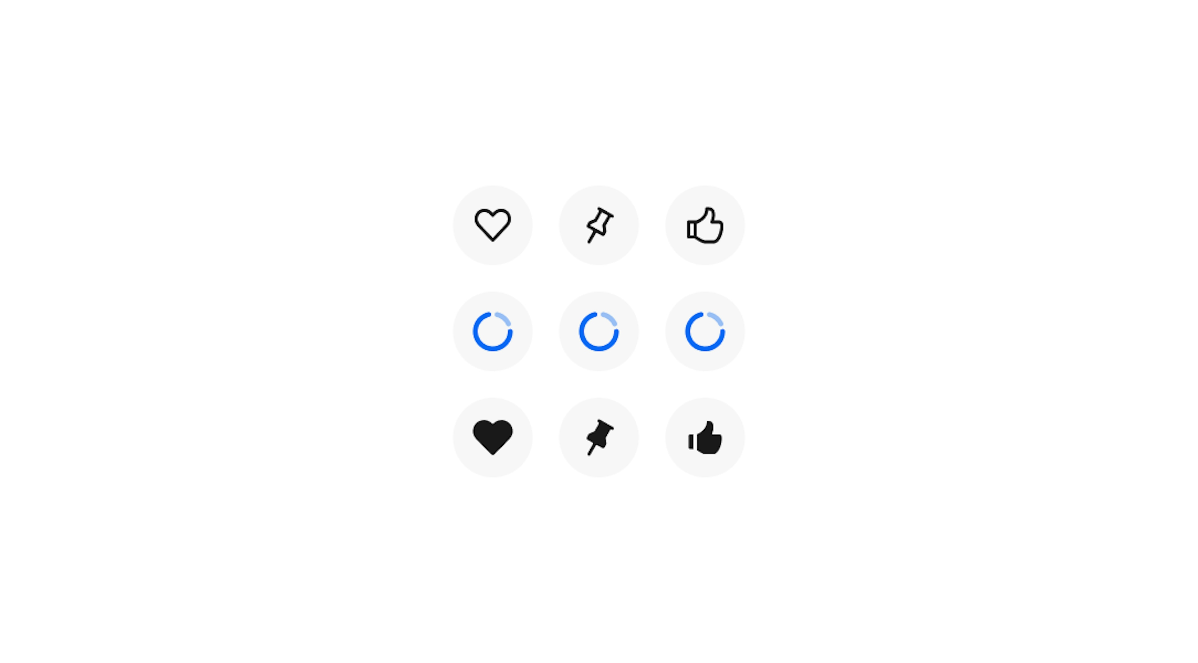 A series of icon buttons with pending states between the outlined and filled states for save, pin, thumb up.