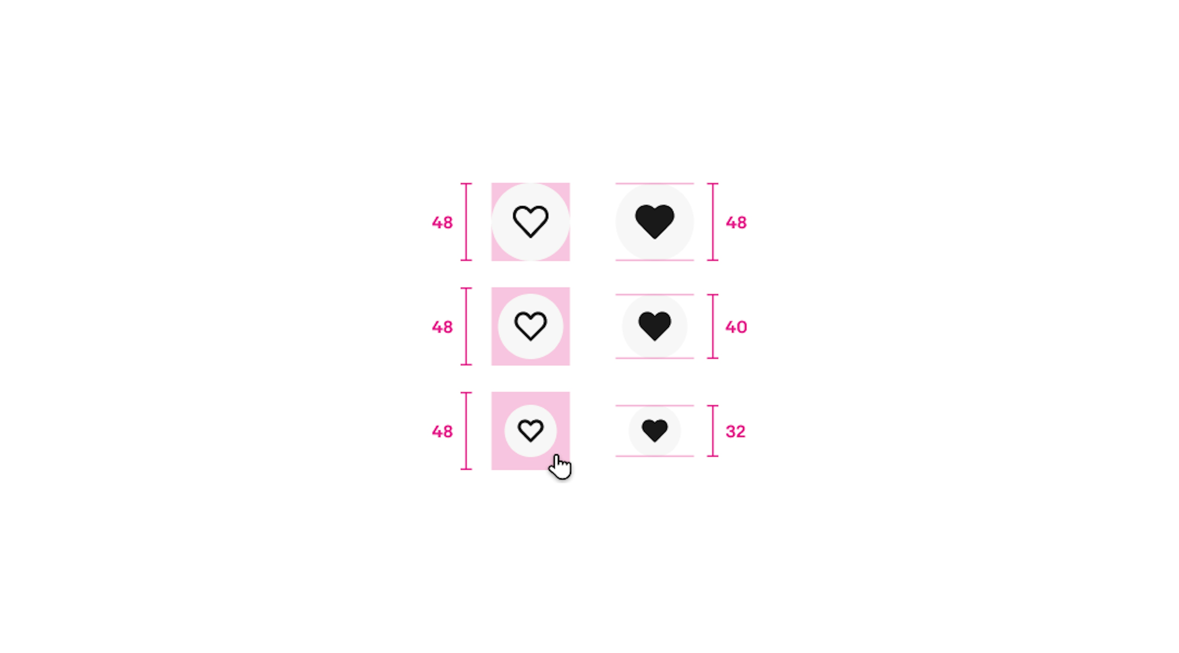 Large, medium, and small buttons with a pink square highlighting a 48px touch target on each.