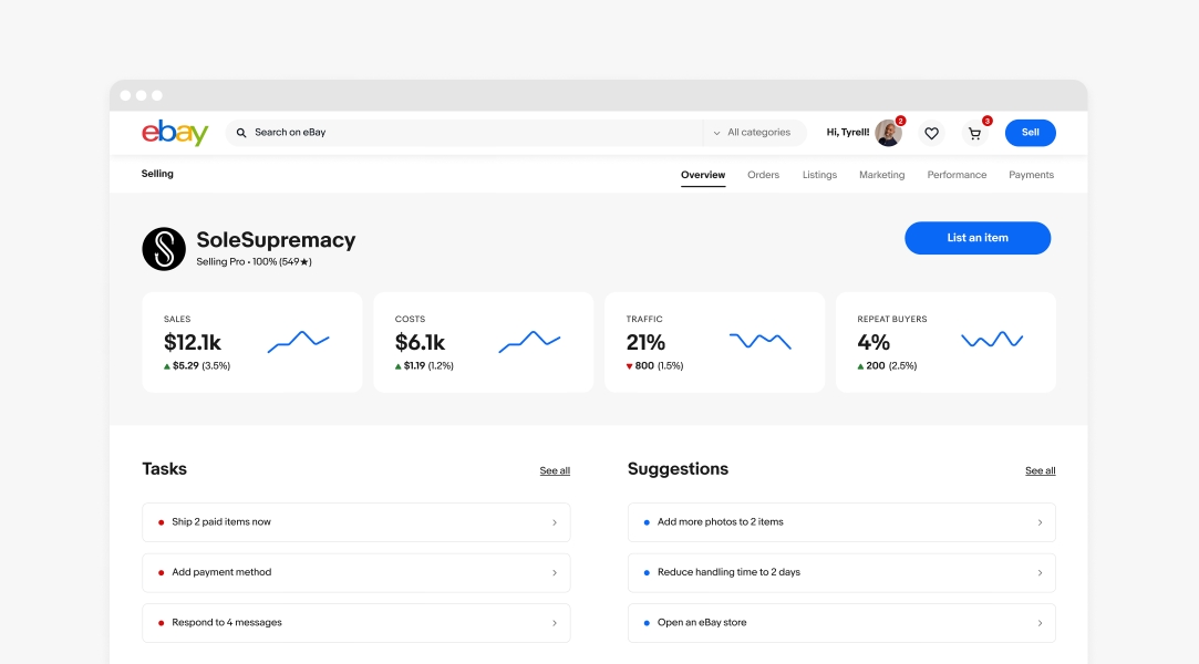 eBay Selling Overview page on a large desktop screen. There is a summary bar with a profile section at the top. Below the avatar and username there are 4 summary metrics in cards aligned horizontally with equal padding on either side.