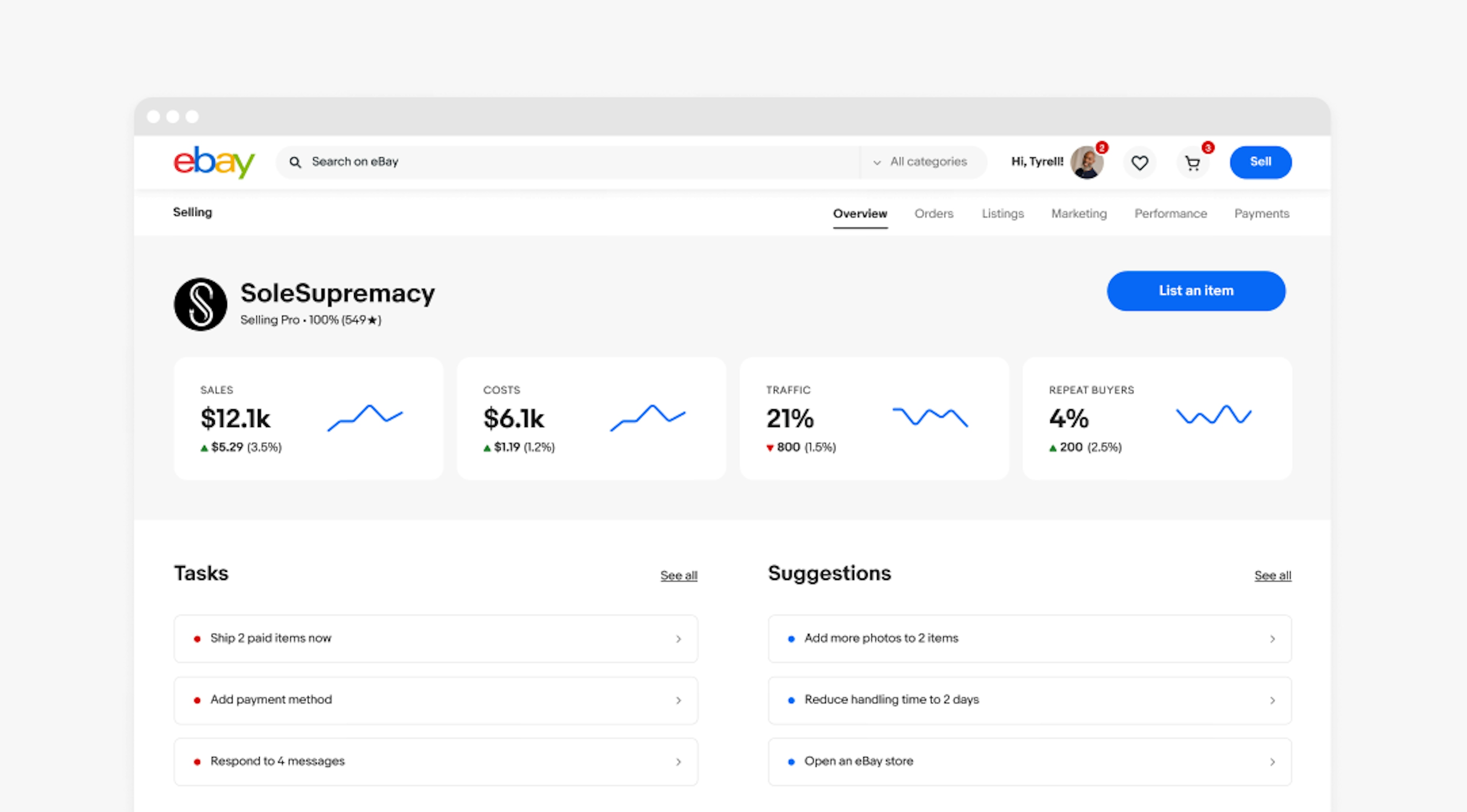 eBay Selling Overview page on a large desktop screen. There is a summary bar with a profile section at the top. Below the avatar and username there are 4 summary metrics in cards aligned horizontally with equal padding on either side. 