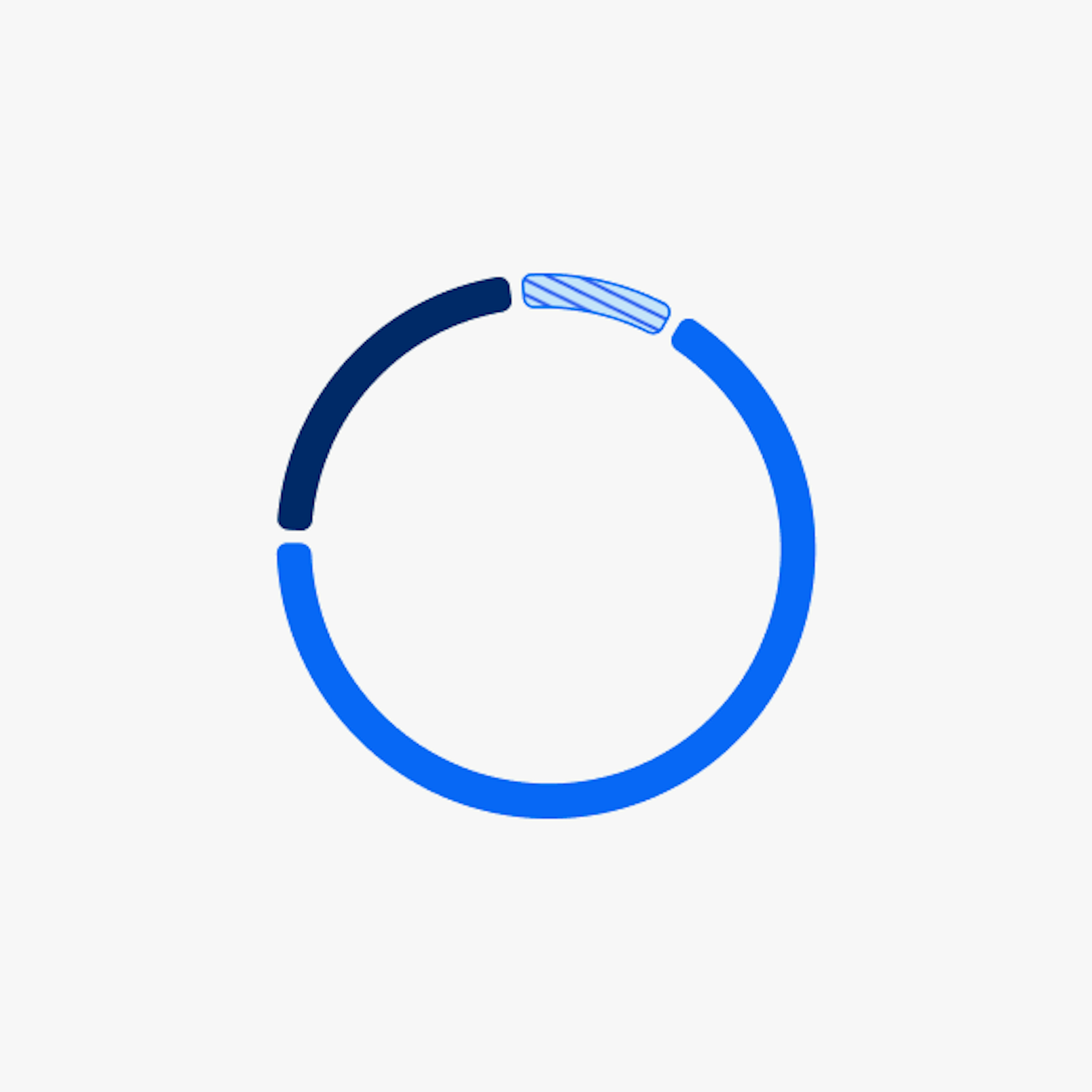 Donut chart with 3 segmented values. One value is bright blue, one value is navy blue and one value is light blue with bright blue outline and stripes.