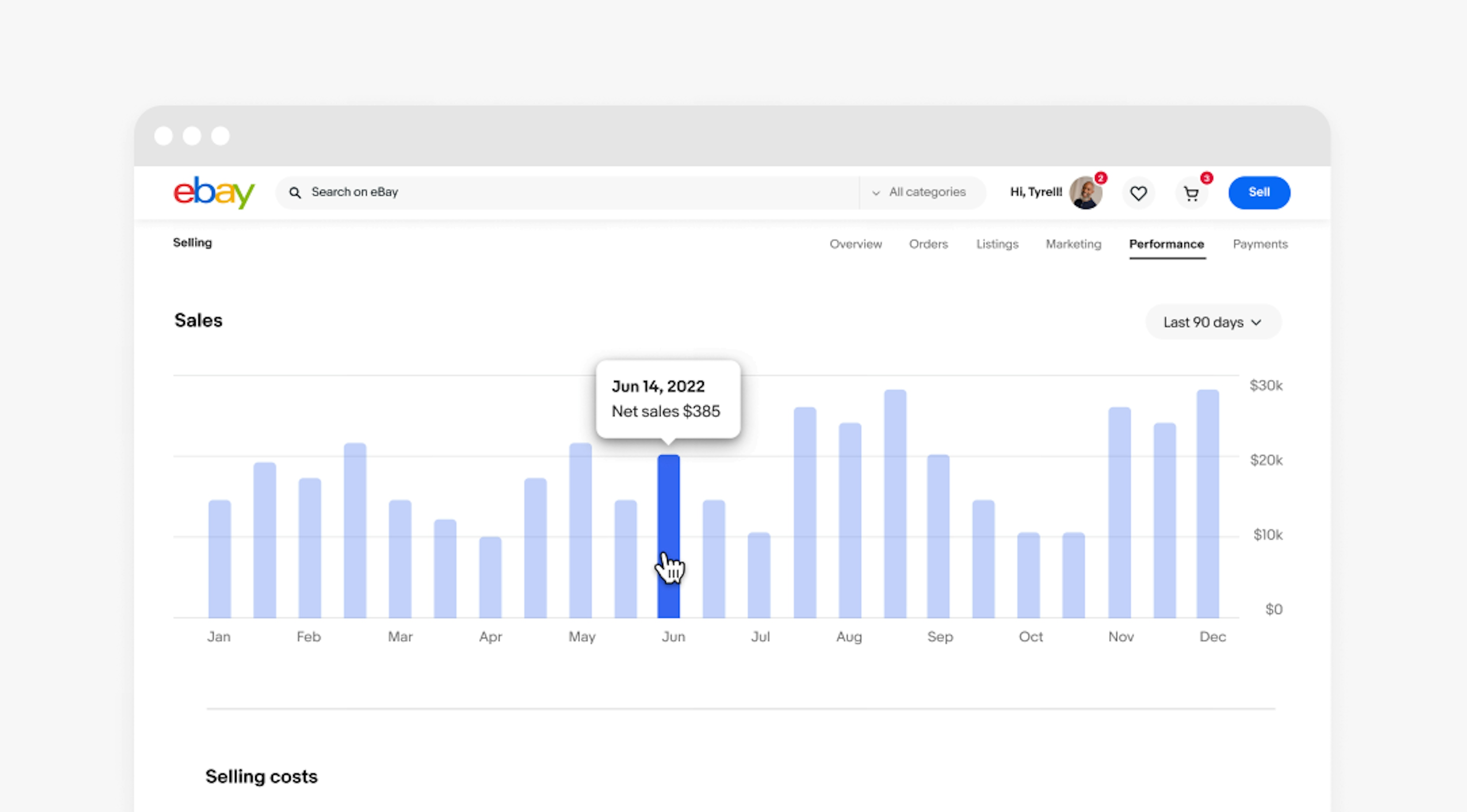 A desktop design with a large bar chart. A pointer cursor hovers over a bar and a tooltip appears above.