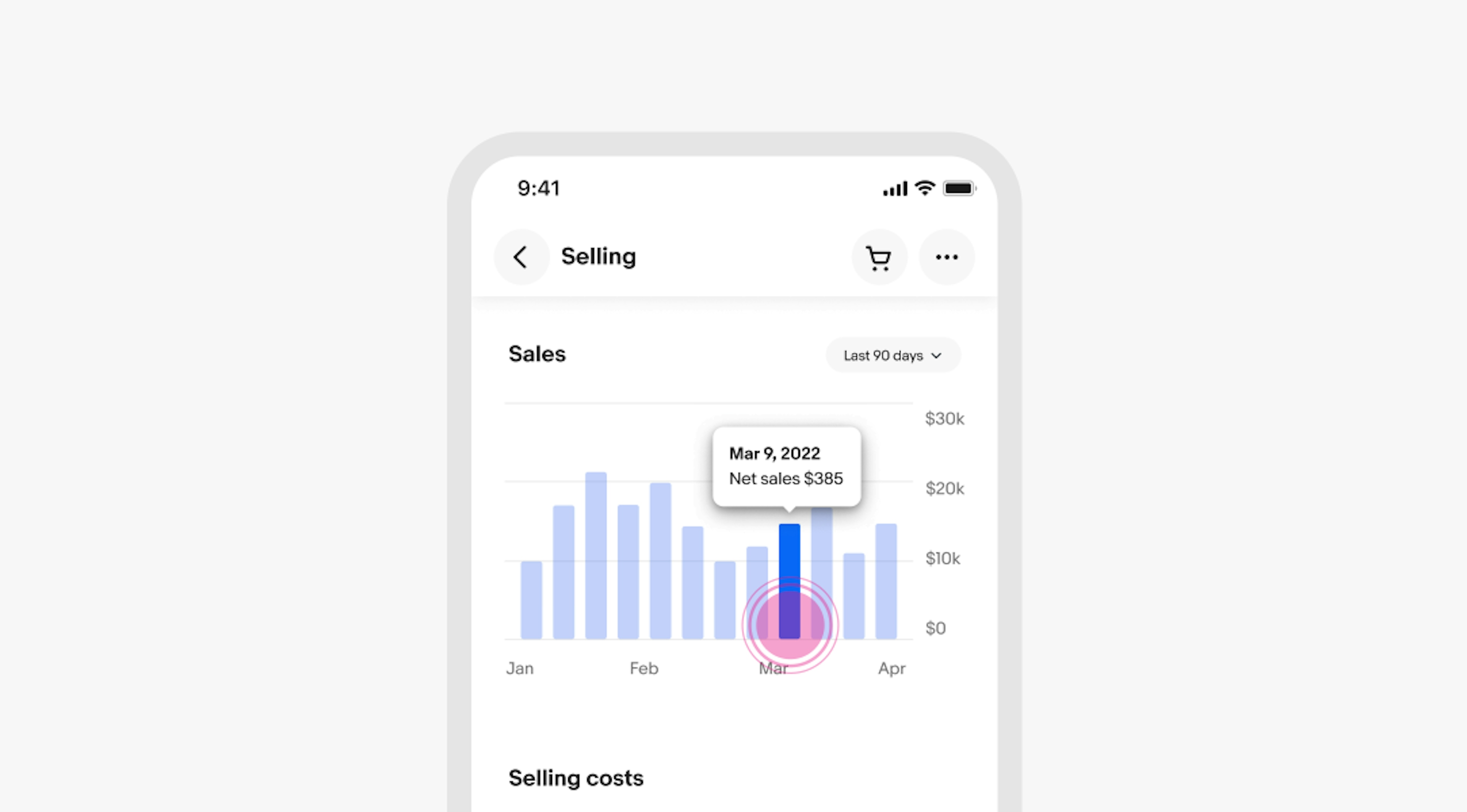 A mobile screen with a tap indicator selecting a bar within a bar chart. A tooltip appears above the selected bar.