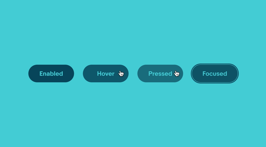 Four buttons detailing interaction states. From left to right is enabled, hover, pressed, and focused.