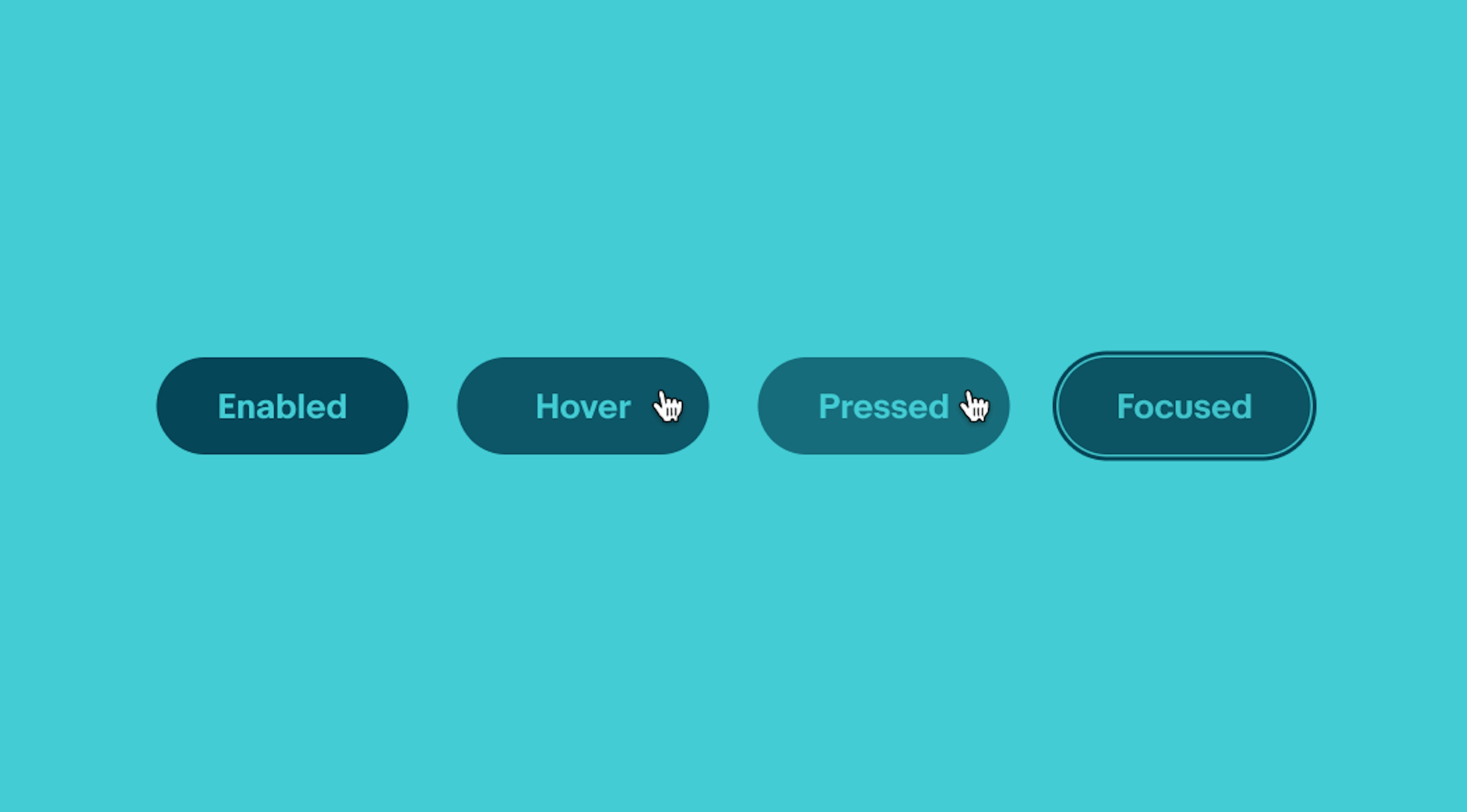 Four buttons detailing interaction states. From left to right is enabled, hover, pressed, and focused.