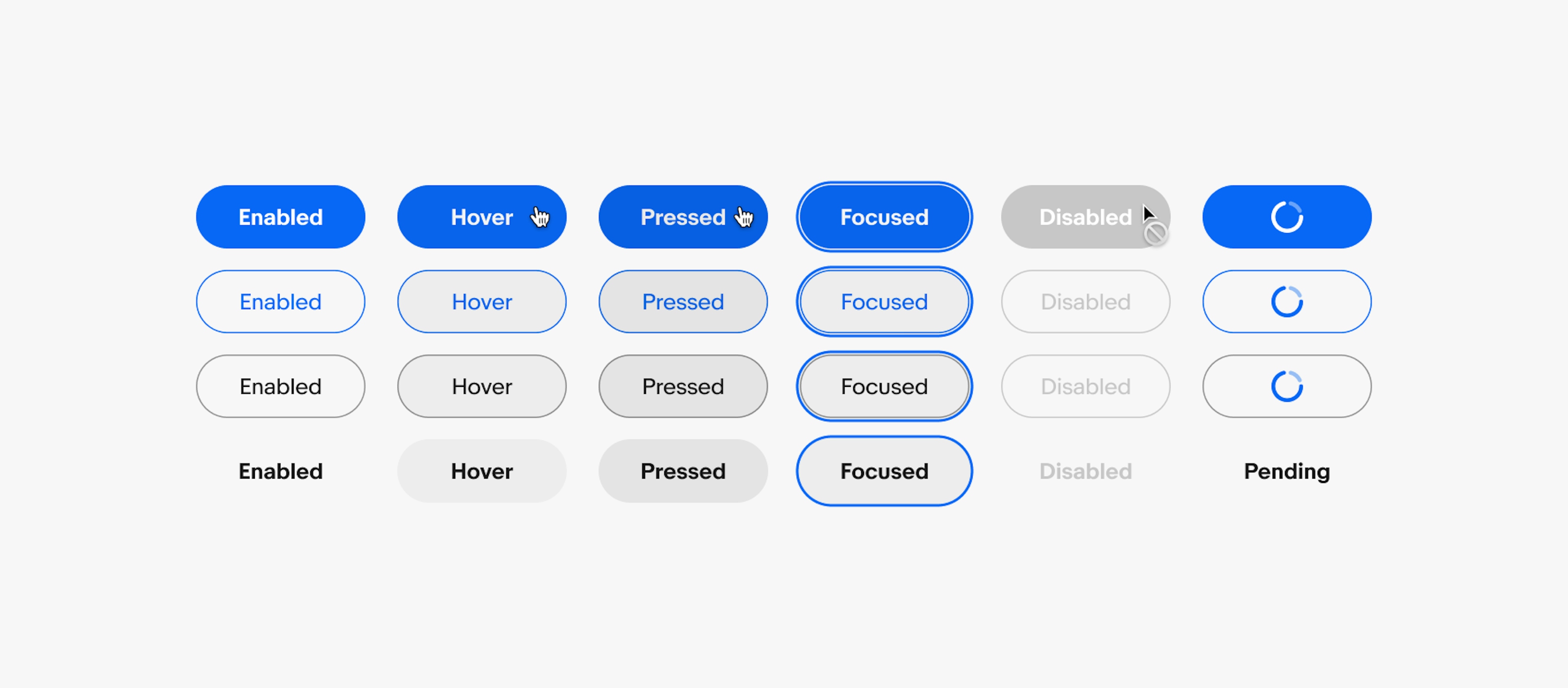 Each button level at each of their states. The states shown are enabled, hover, pressed, focused, disabled, and pending.