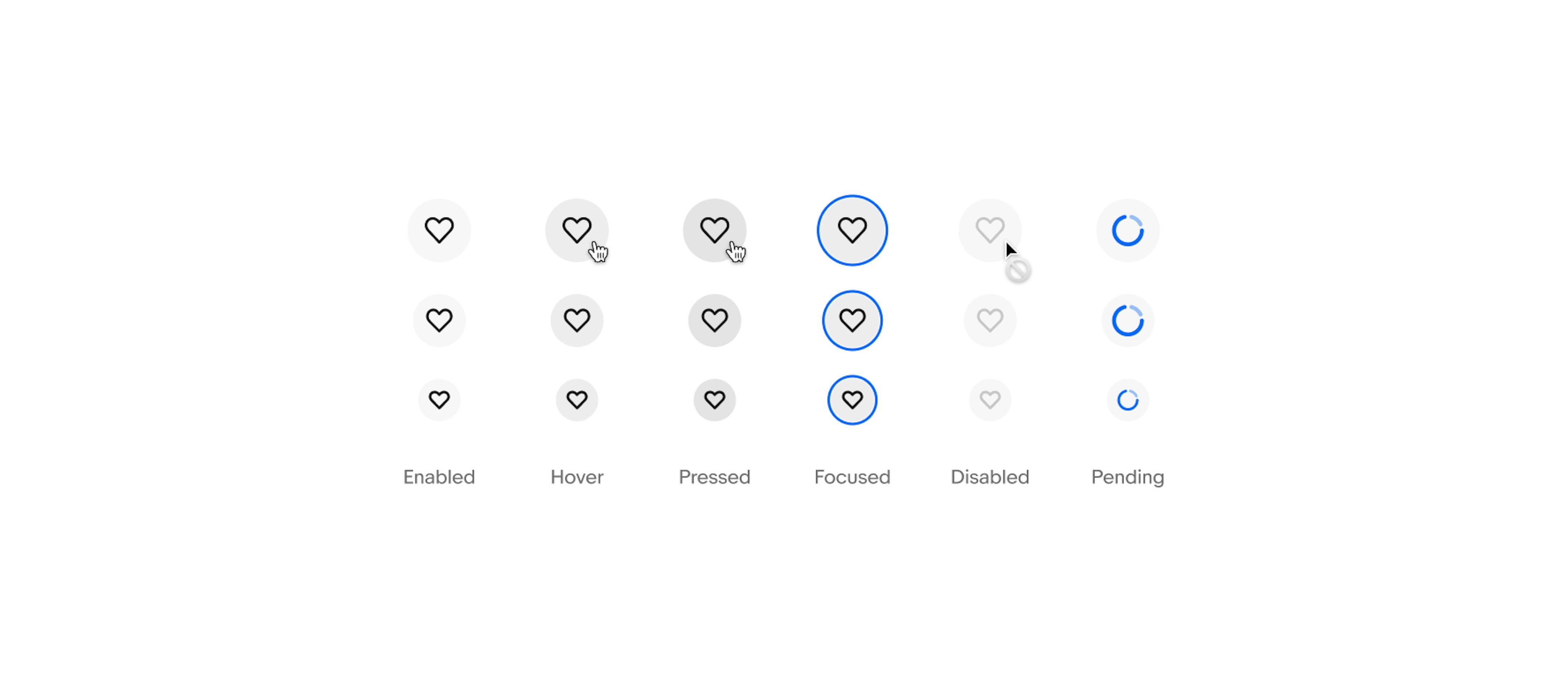 A heart icon button shown across sizes in enabled, hover, pressed, focused, disabled, and pending states.