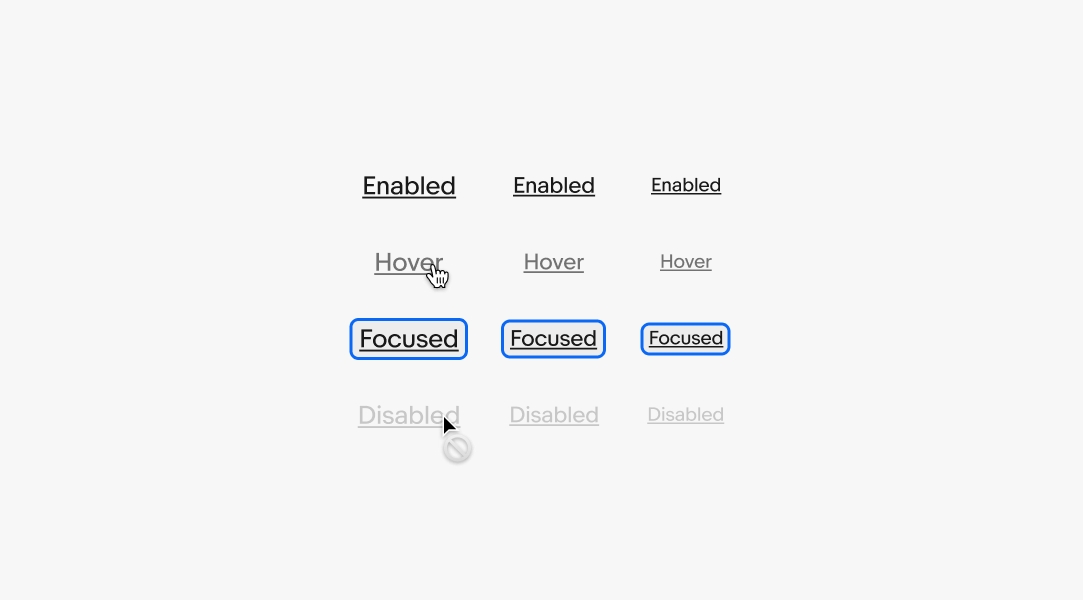 Large, medium, and small link buttons all in the enabled, hover, focused, and disabled states.