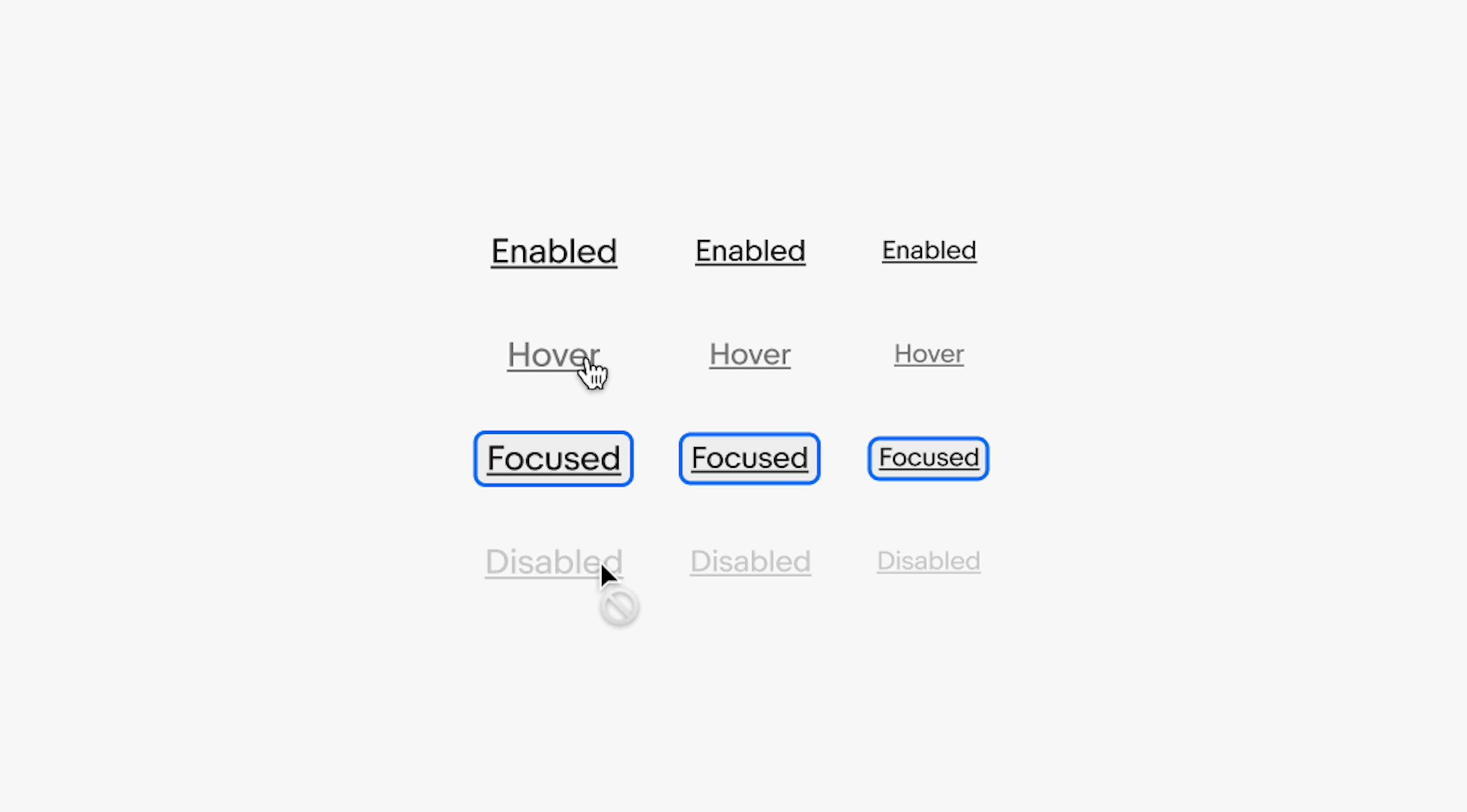 Large, medium, and small link buttons all in the enabled, hover, focused, and disabled states.