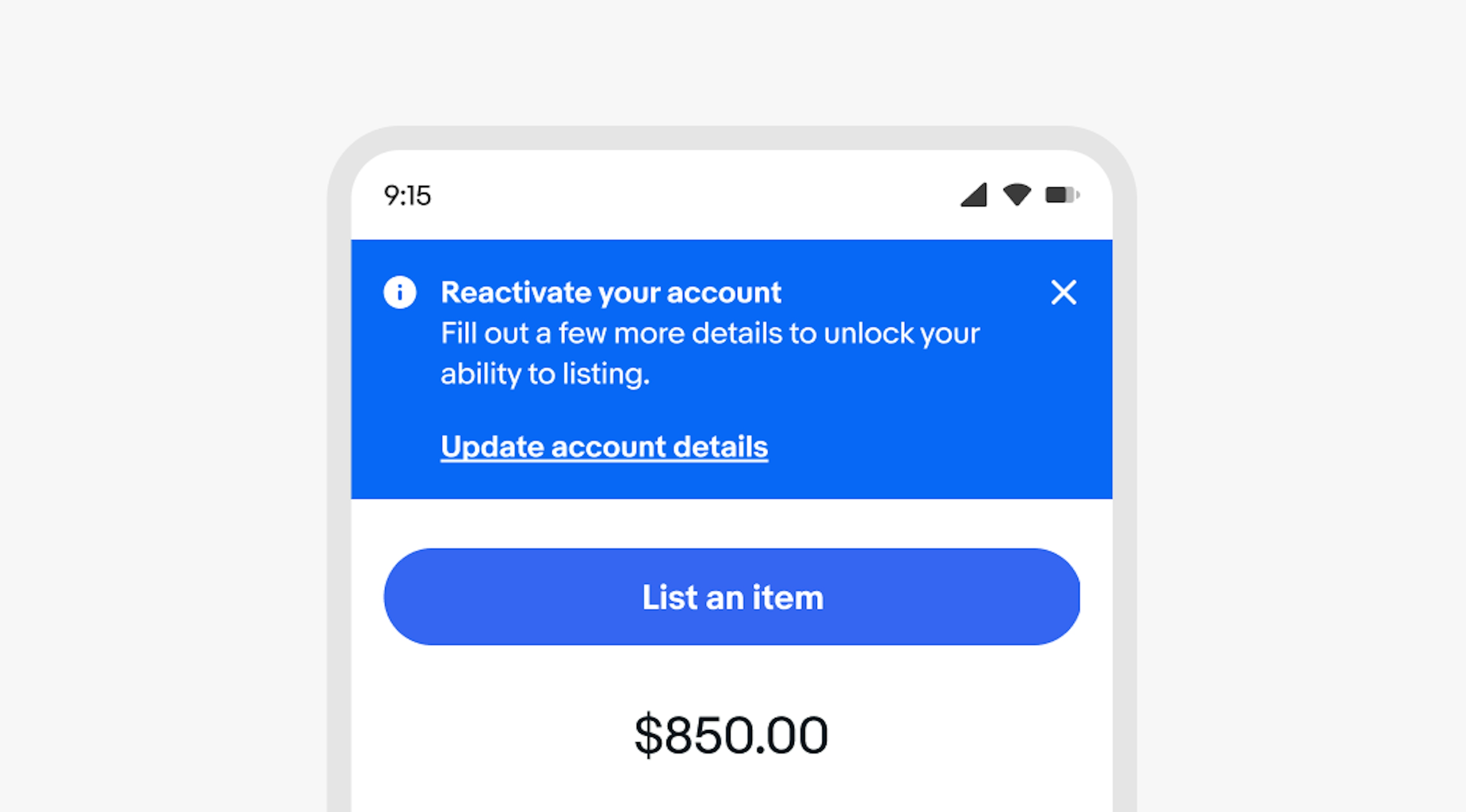 An information page notice placed at the top of a mobile screen. A primary cta button and item price are beneath it.