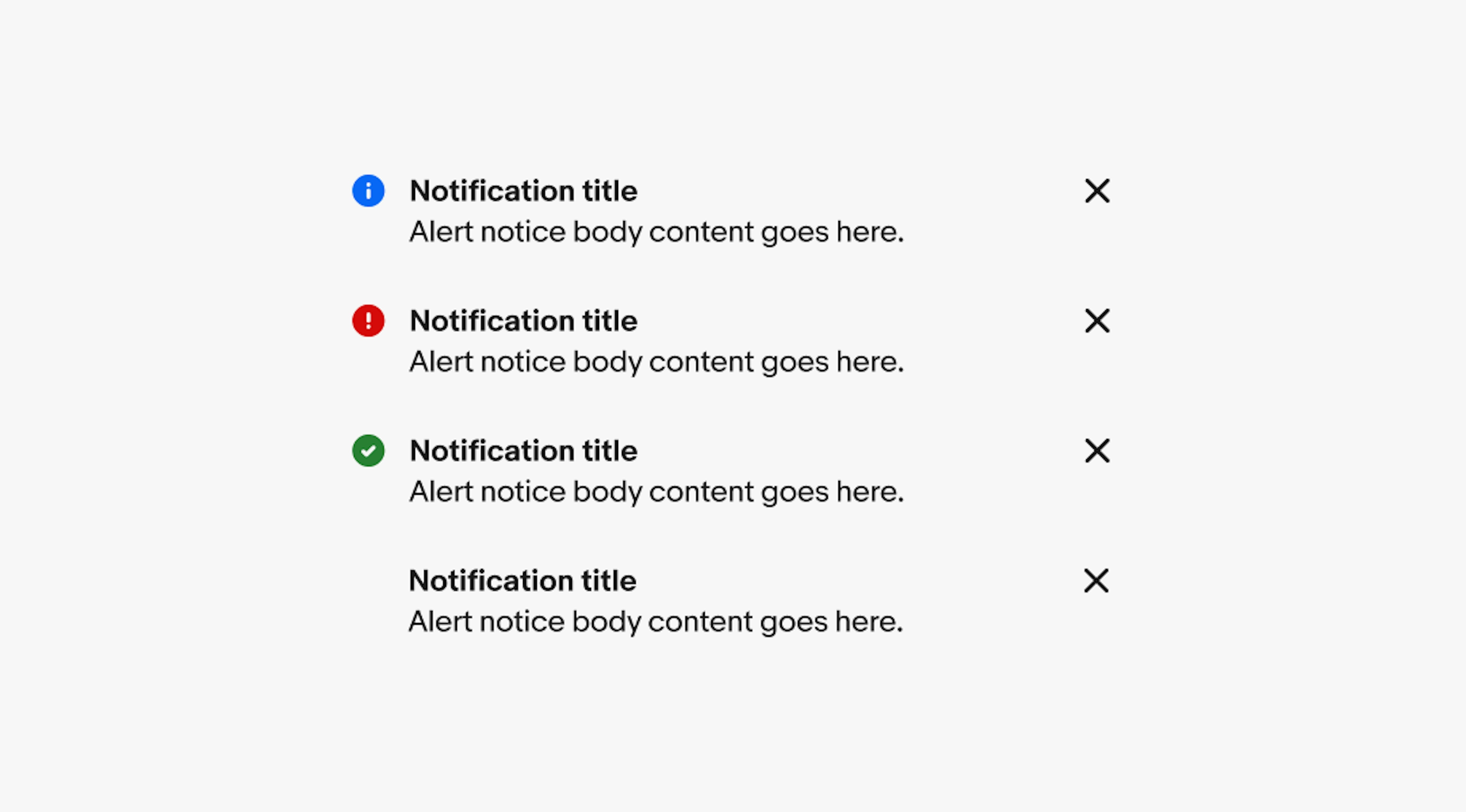 The four variants of inline notices including information, attention, confirmation, and general.