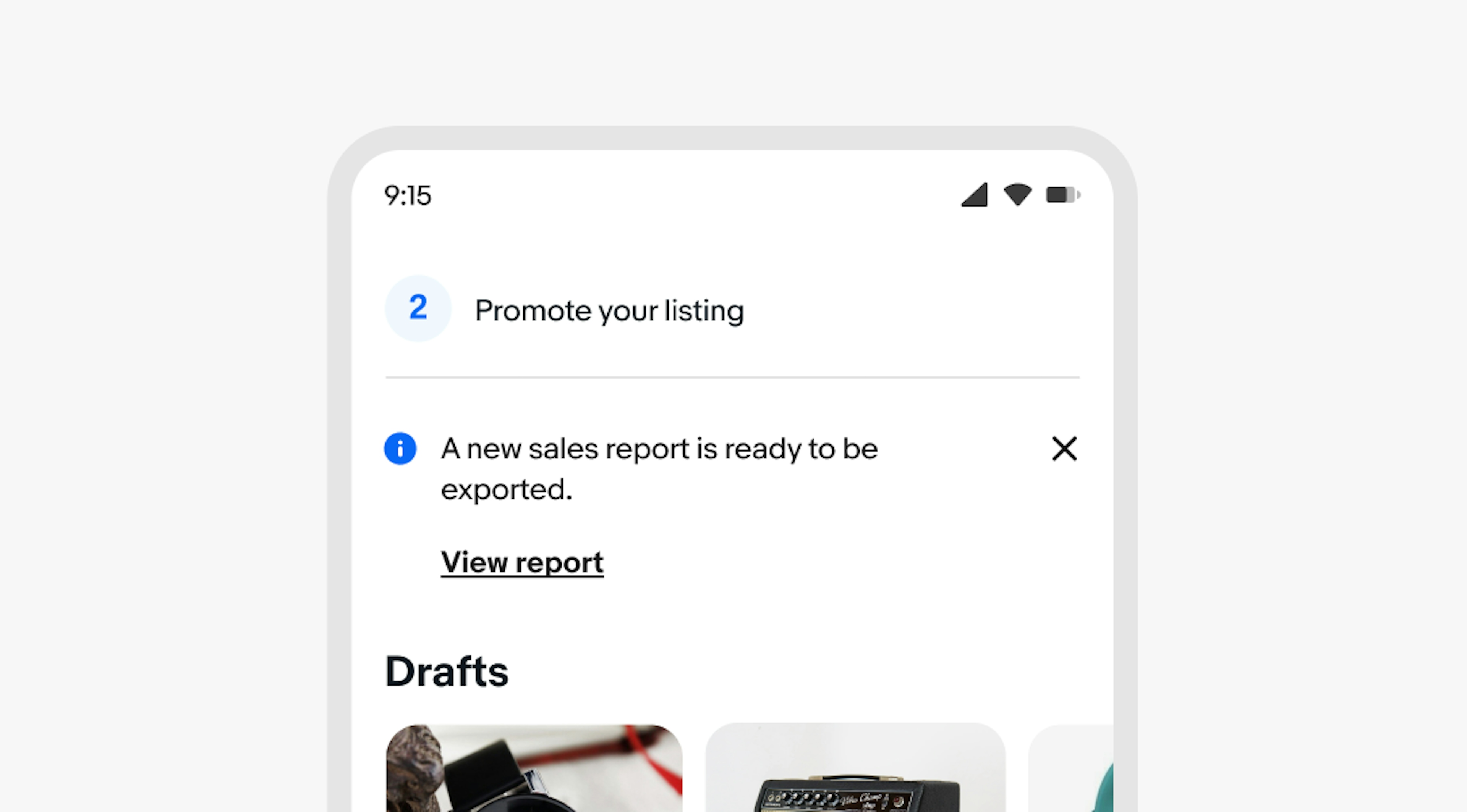 An information inline notice in the middle of page content. The inline notice states a sales report is ready to export with a button to view the report.