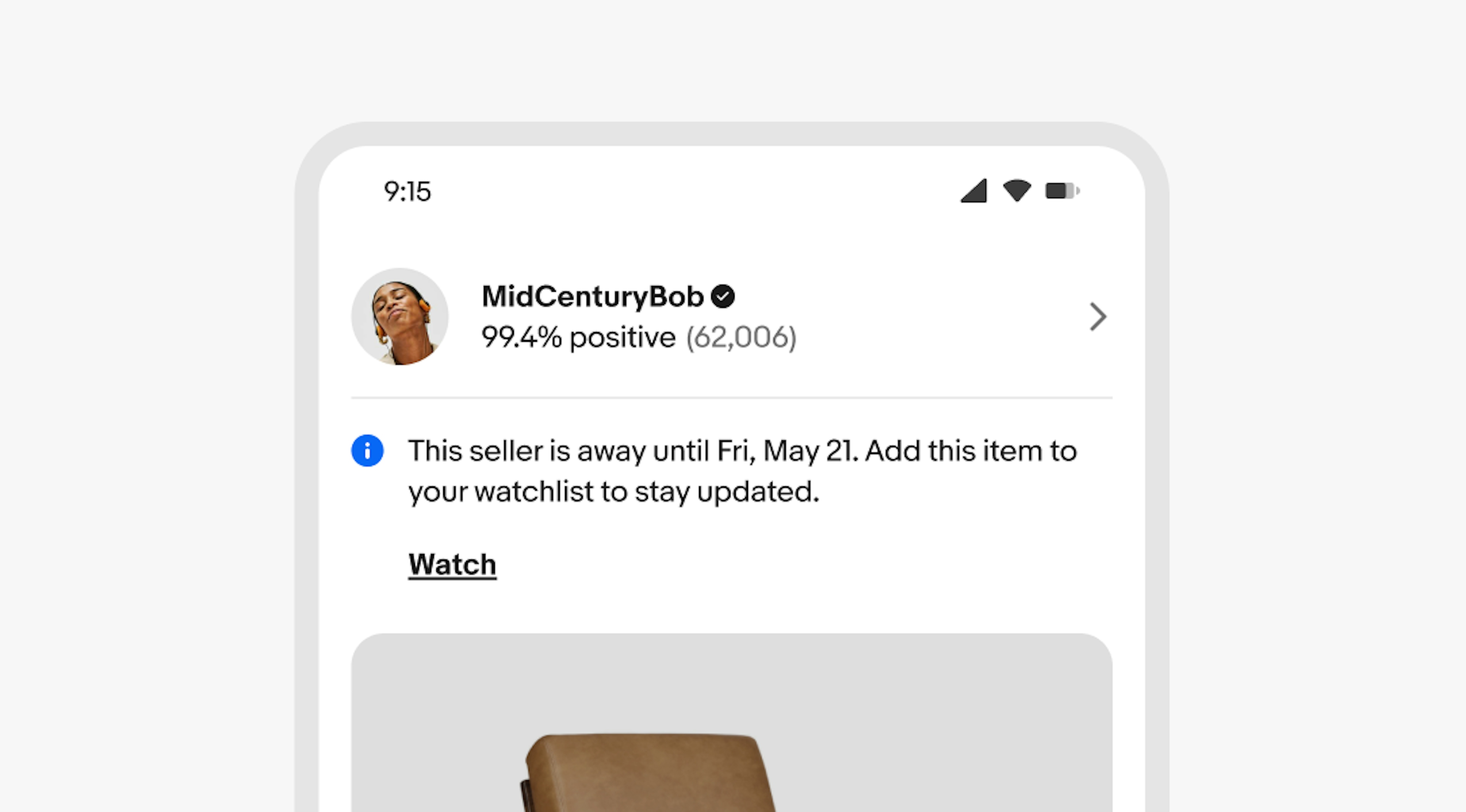 A mobile screen with an information inline notice between sections of content. It has two lines of text and a button.