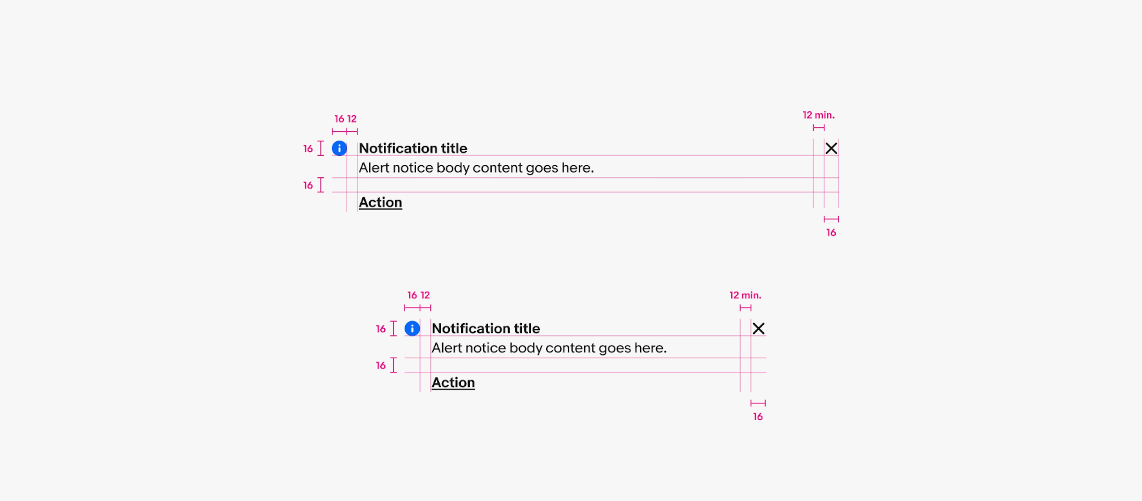 Specs for a wide and narrow inline notice. Both use 16px icons with 12px of space between the icon and content area. 16px is between the body text and link button. 12px of minimum space is between the content area and close/dismiss button. The close button is 16px.