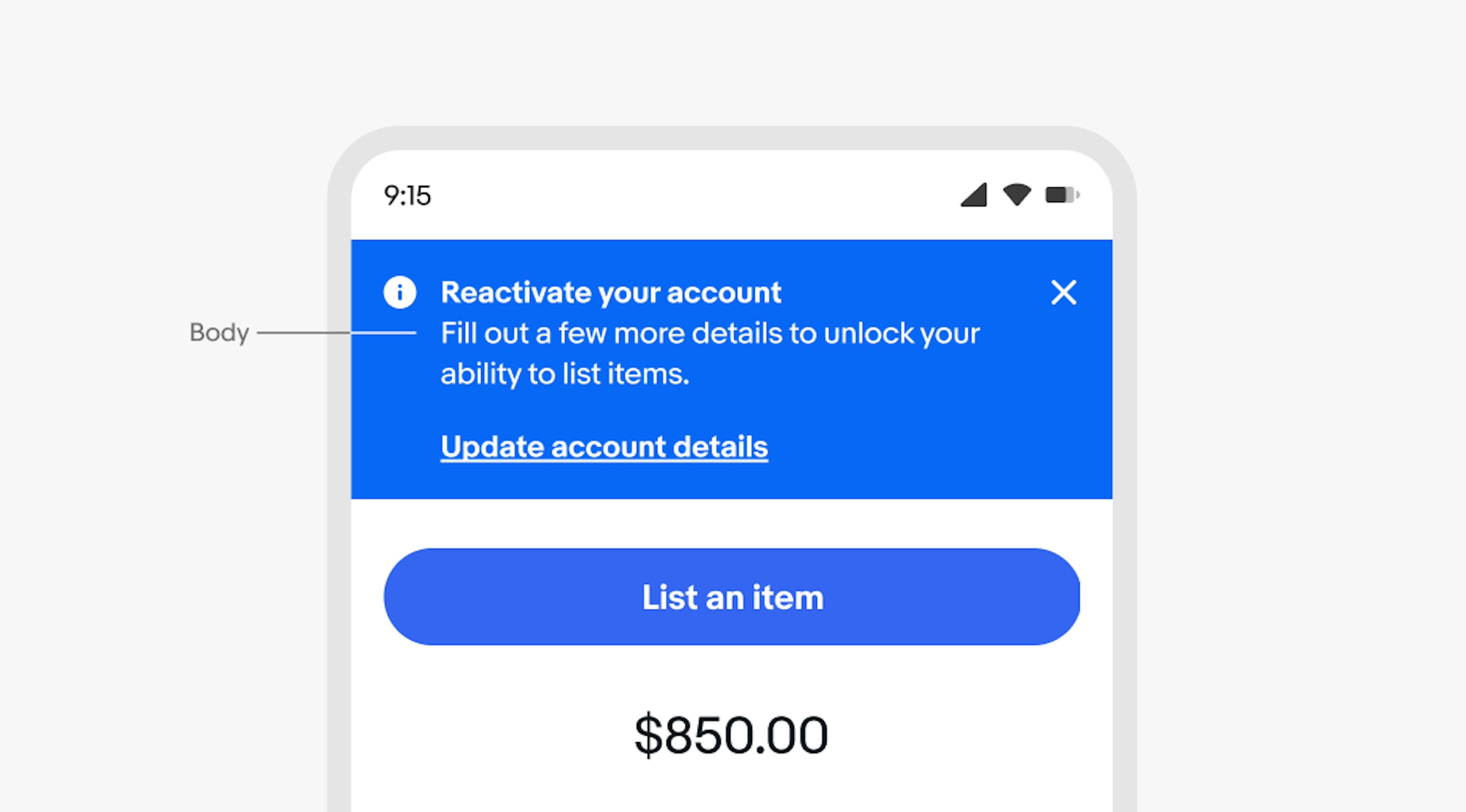 A mobile screen with an information page notice. “Body” points to “Fill out a few more details to unlock your ability to list items.”