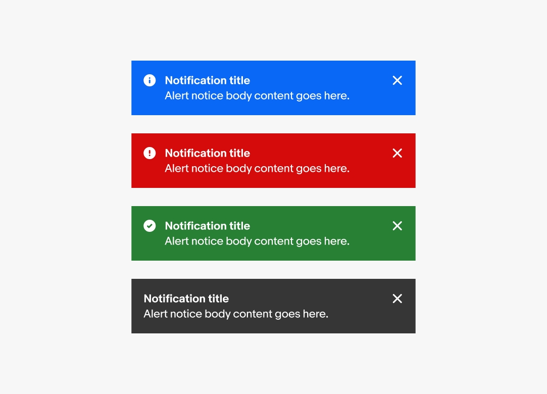 The four variants of page notices including information, attention, confirmation, and general.