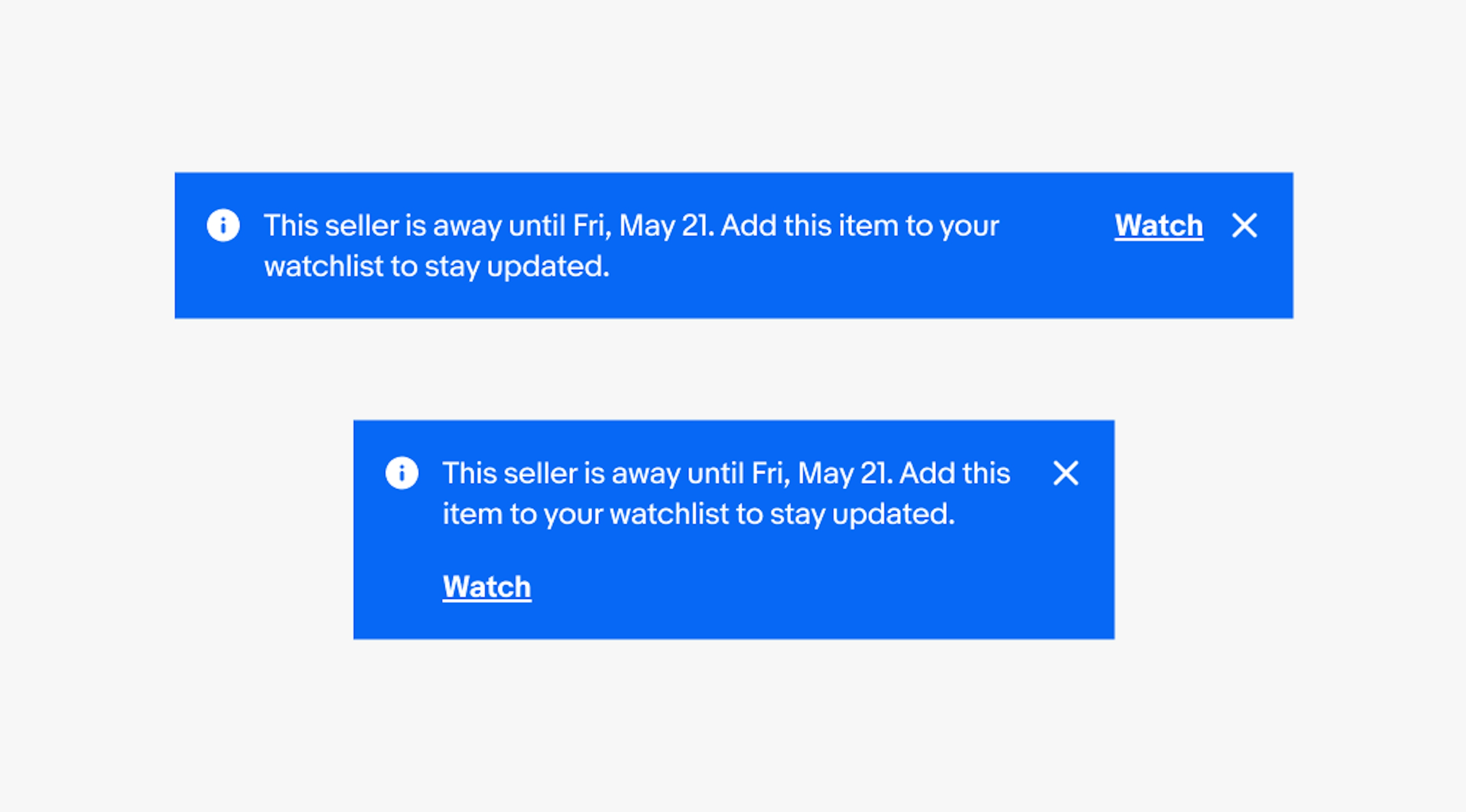 Two information page notices. One is wide and one is narrow. The wide one has the button on the right, while the narrow one has the action button at the bottom.