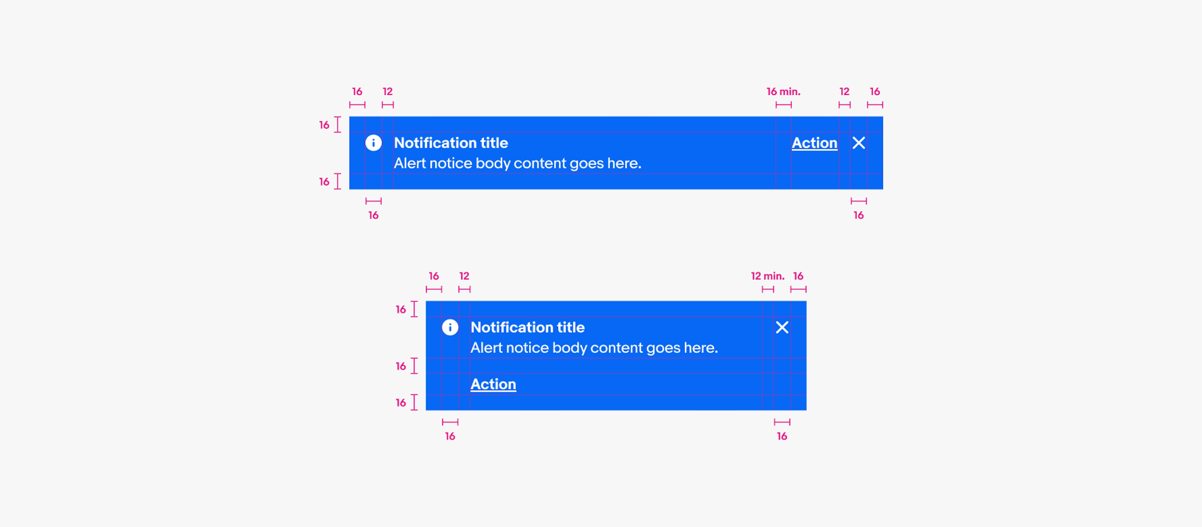 Specs for a wide and narrow page notice. Both use 16px icons with 12px of space between the icon and content area. 16px is between the body text and link button. 12px of minimum space is between the content area and close/dismiss button. The close button is 16px. 16px of padding is around the top, bottom, left, and right of the content area.
