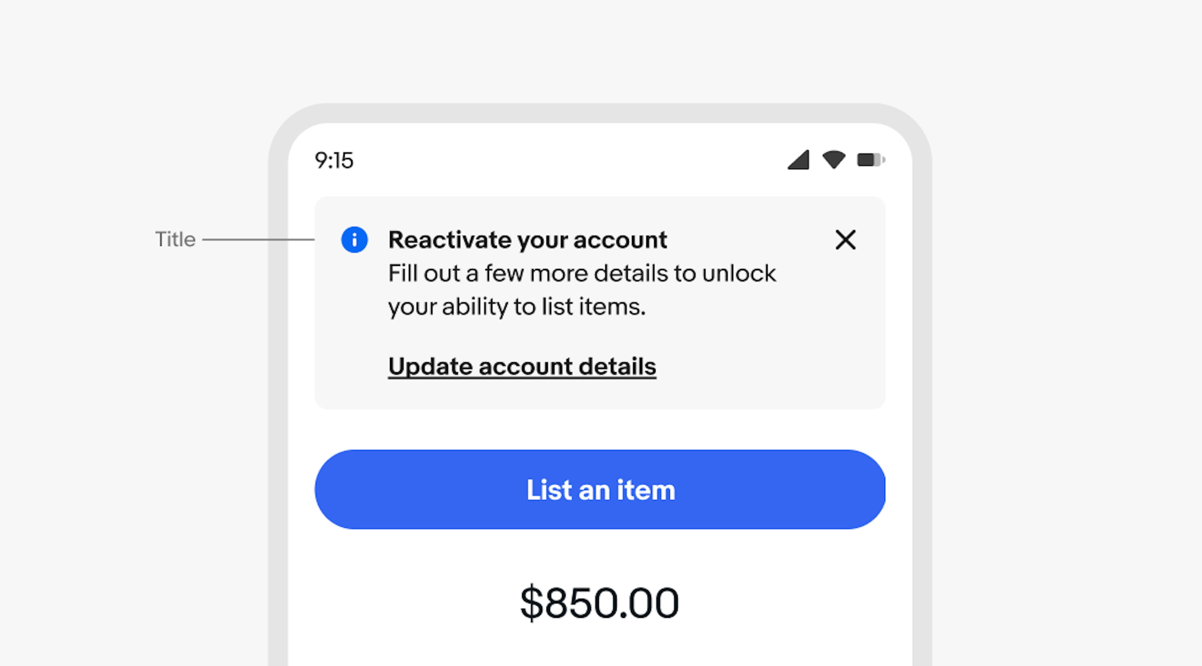 A mobile screen with an information section notice. “Title” points to “Reactivate your account”.