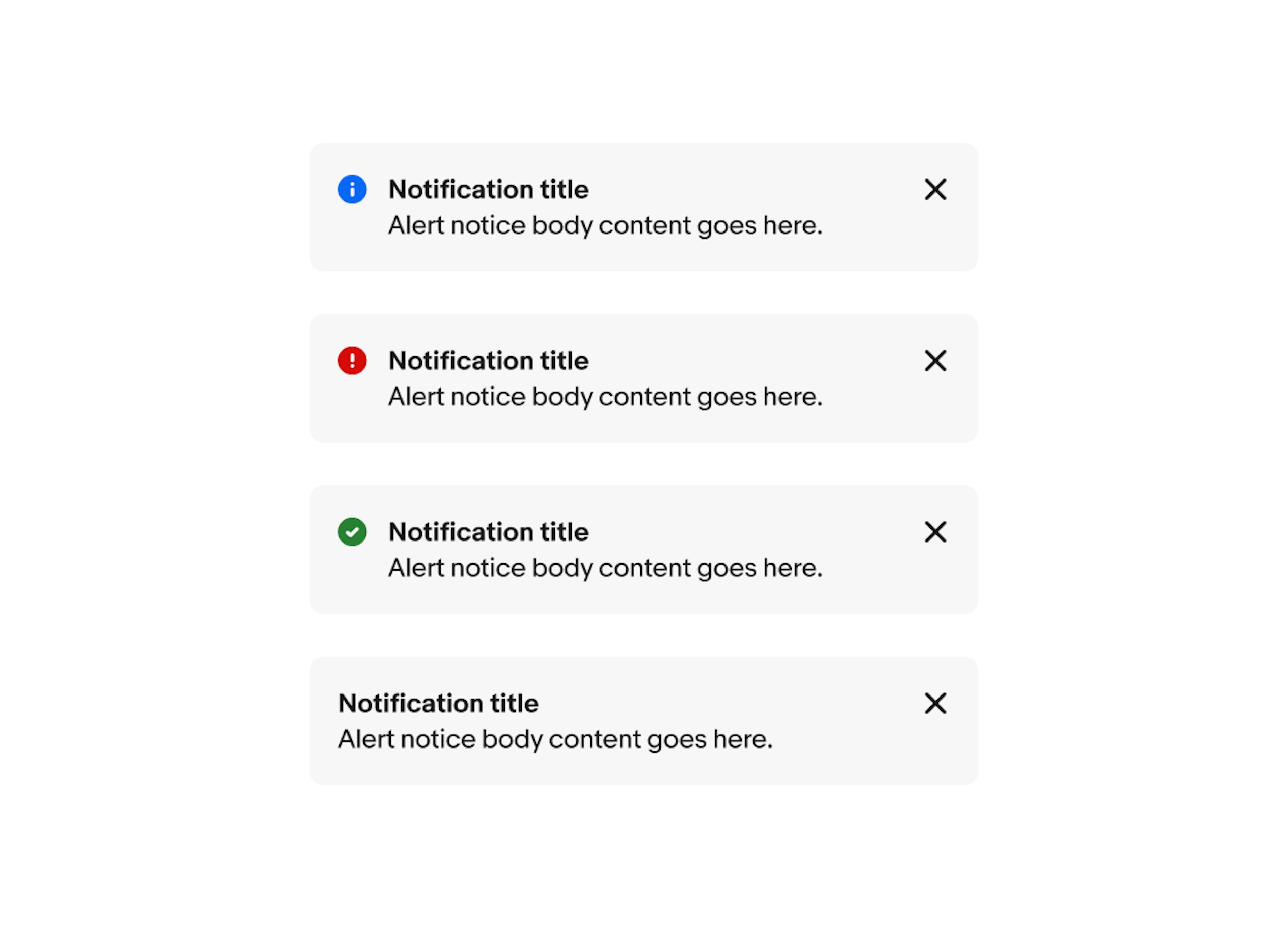 The four variants of section notices including information, attention, confirmation, and general.