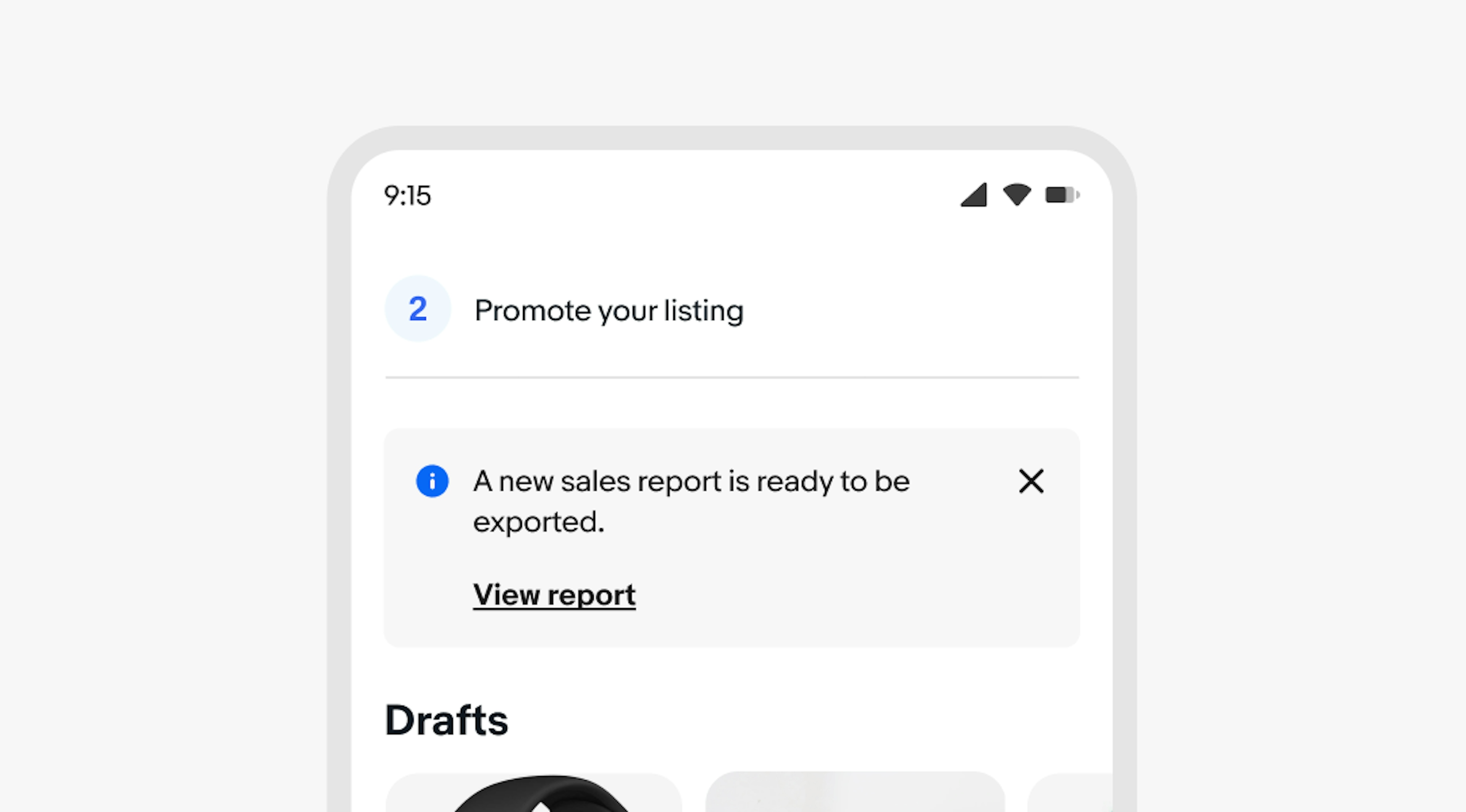 An information section notice in the middle of content sections on a mobile screen. The section notice states a new sales report is ready with a button to view report.