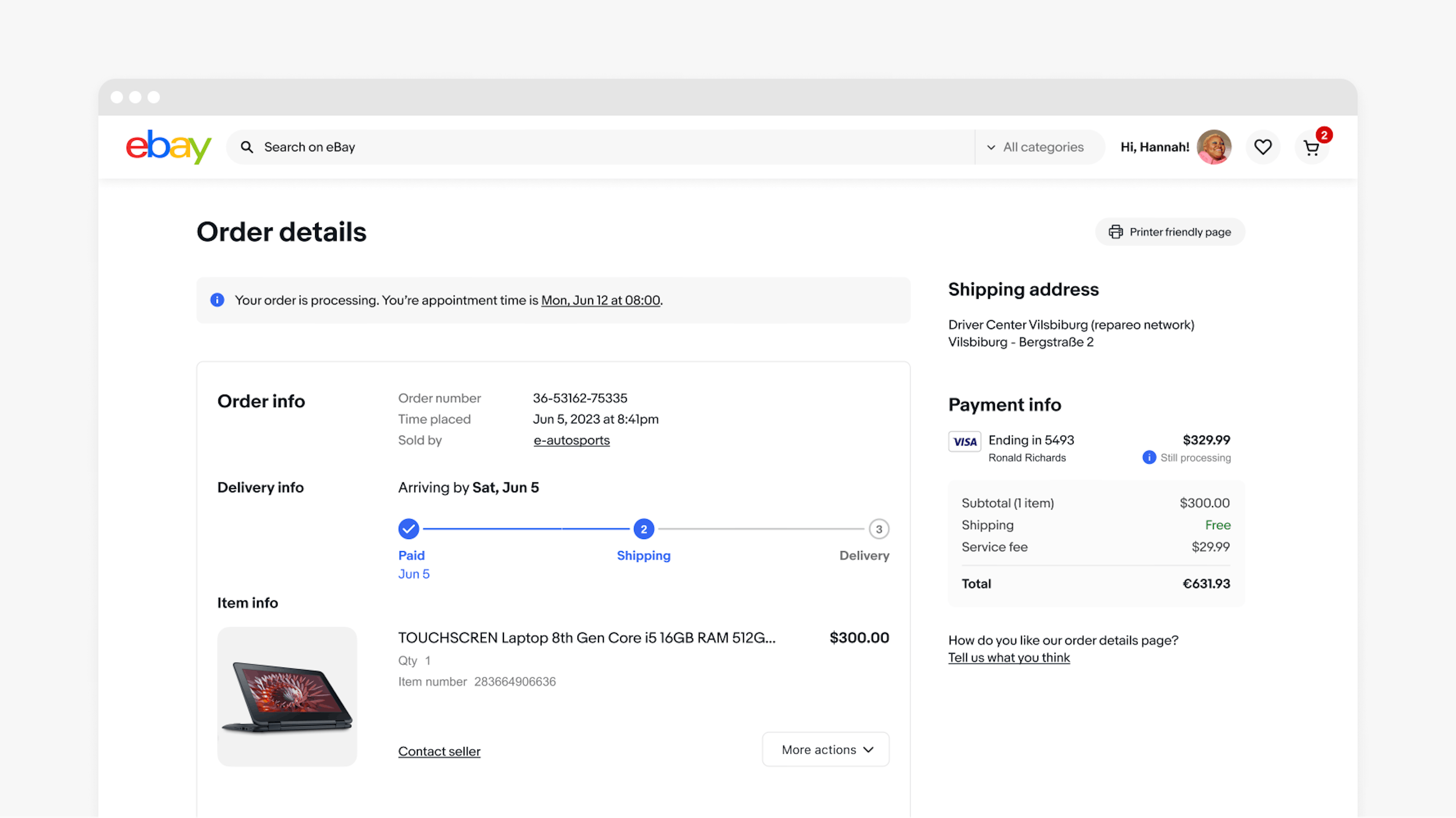 A large desktop screen with an information section notice beneath the page title “Order details”. It states an order is processing and when the appointment time is.