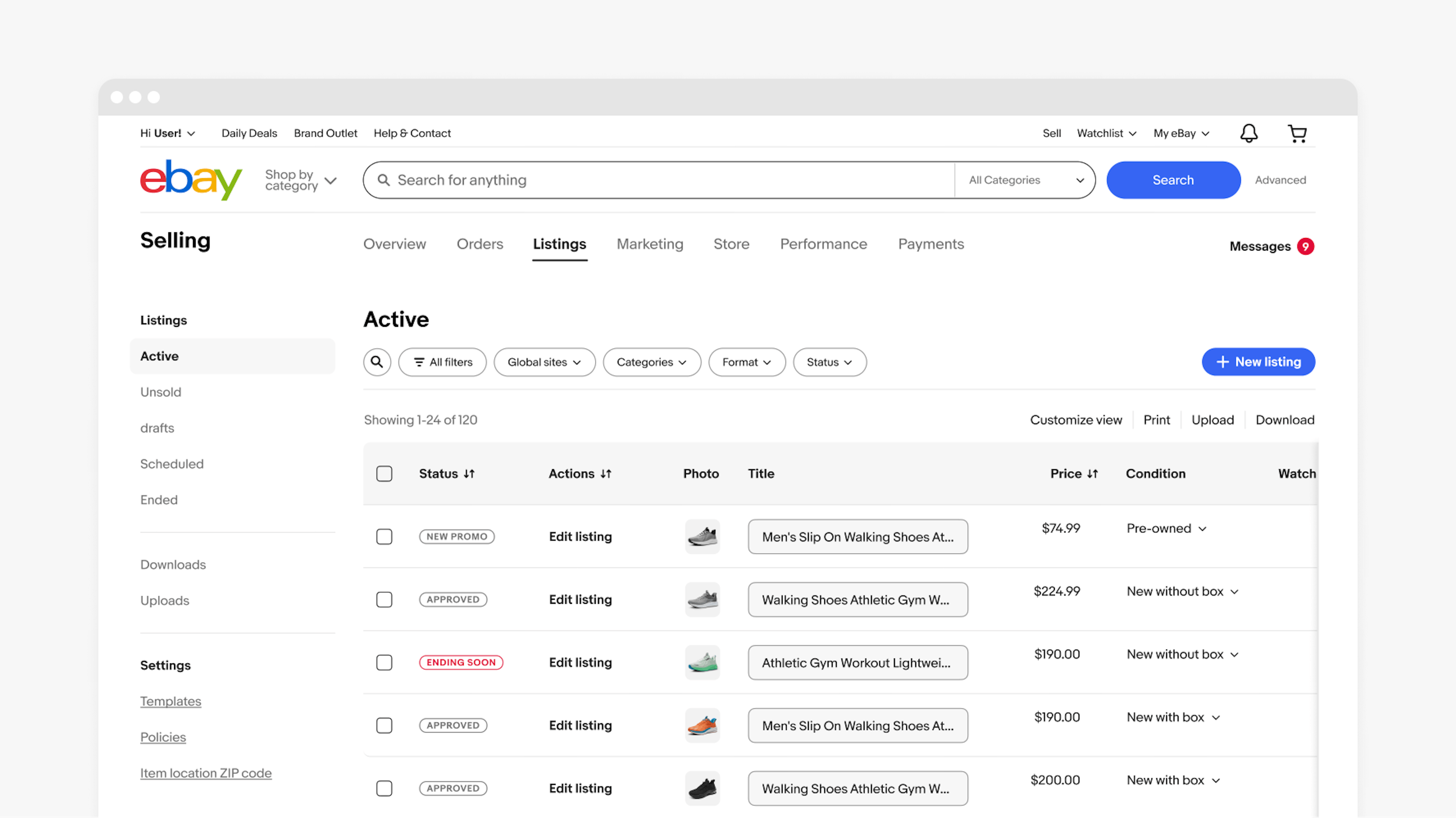 A desktop screen with 7 tabs at the top of the page. It is a selling page that has a left hand navigation and data table with filters.