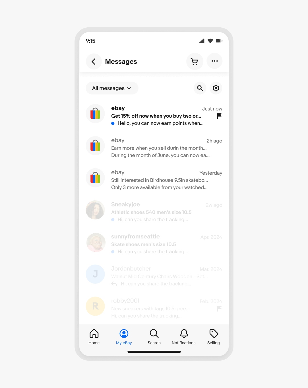 The colorful eBay bag avatar highlighted next to messages from eBay in a mobile layout.