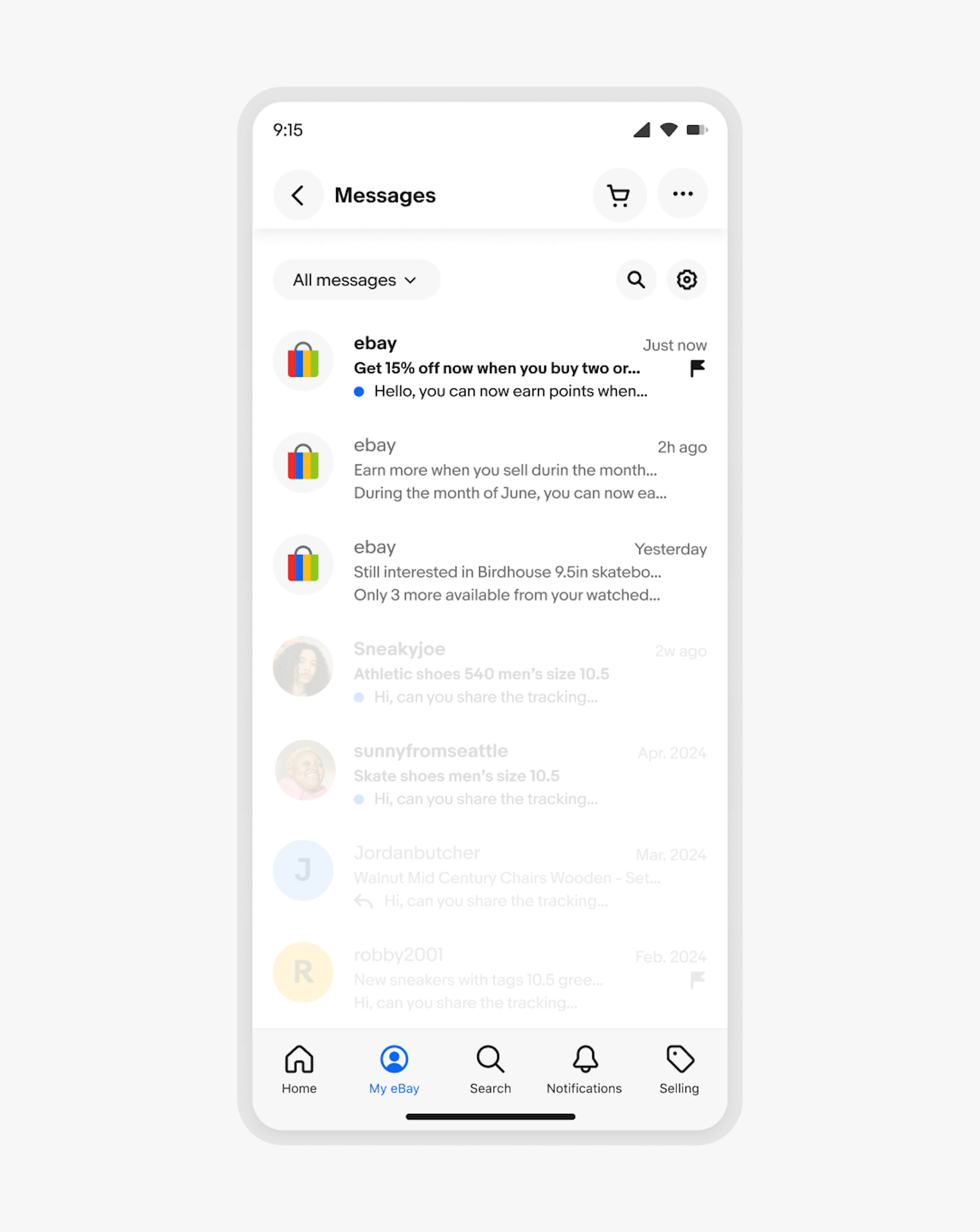 The colorful eBay bag avatar highlighted next to messages from eBay in a mobile layout.