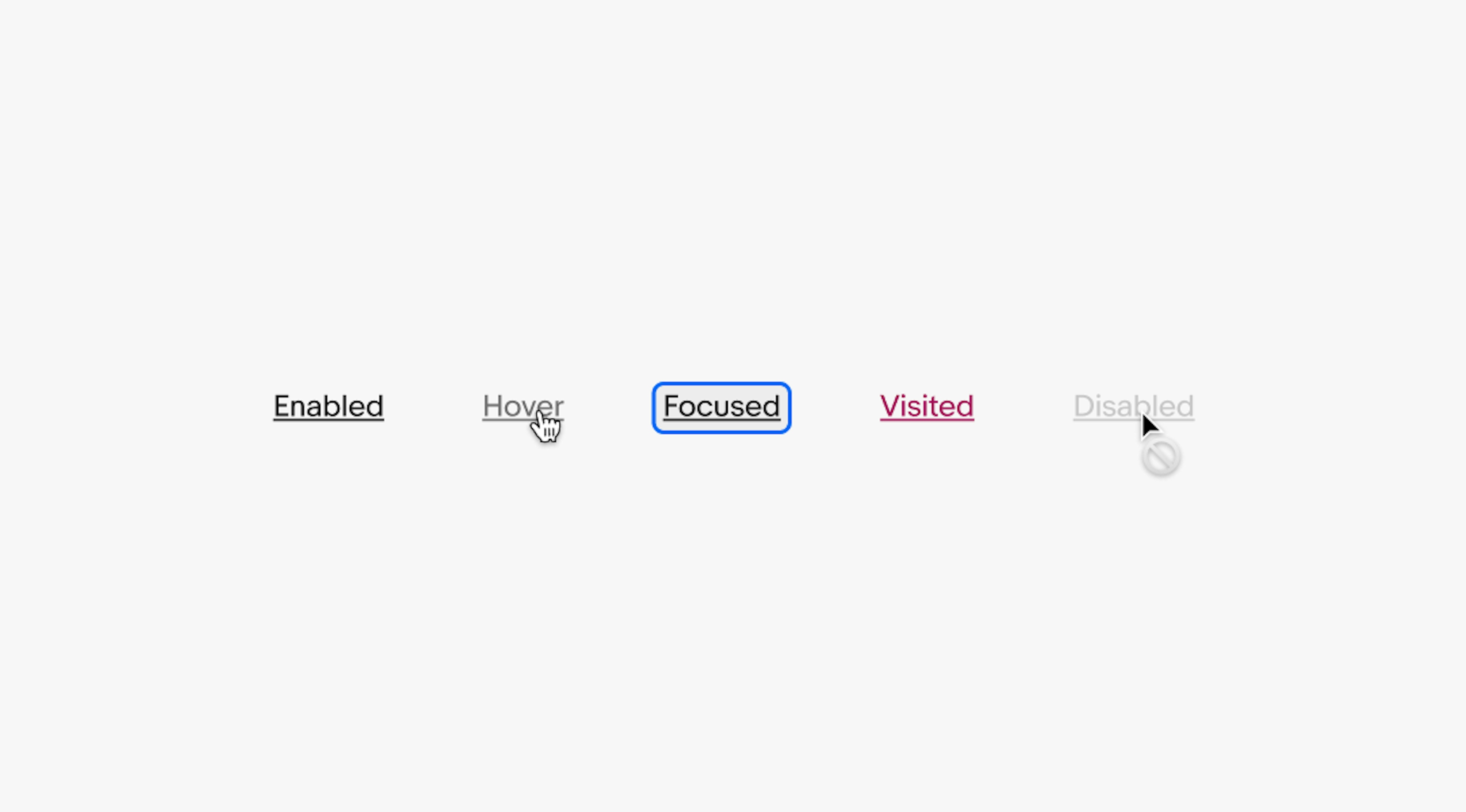 The different states lined up for text links. From left to right are enabled, hover, focused, visited, and disabled.