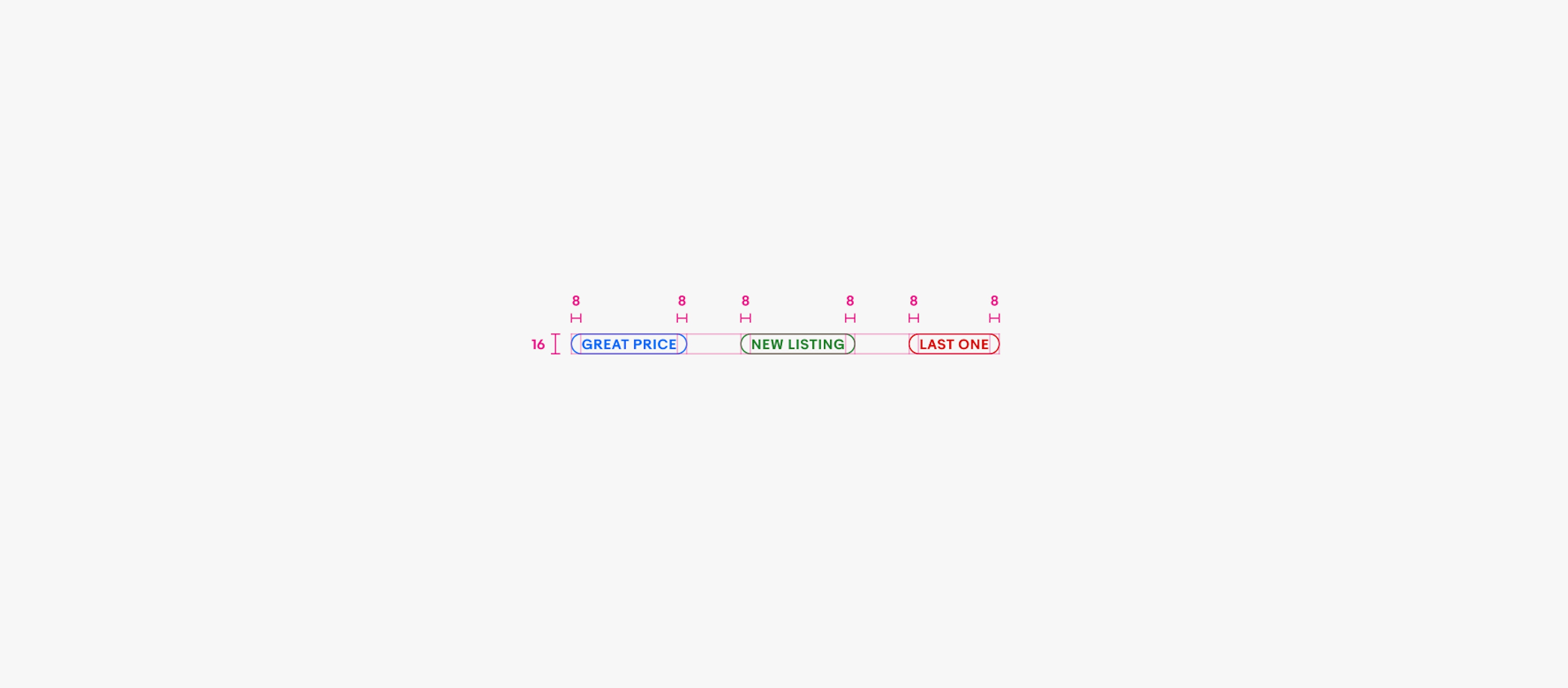 Spec for a signal pill. The height is 16px with 8px of padding on the left and right of the title.