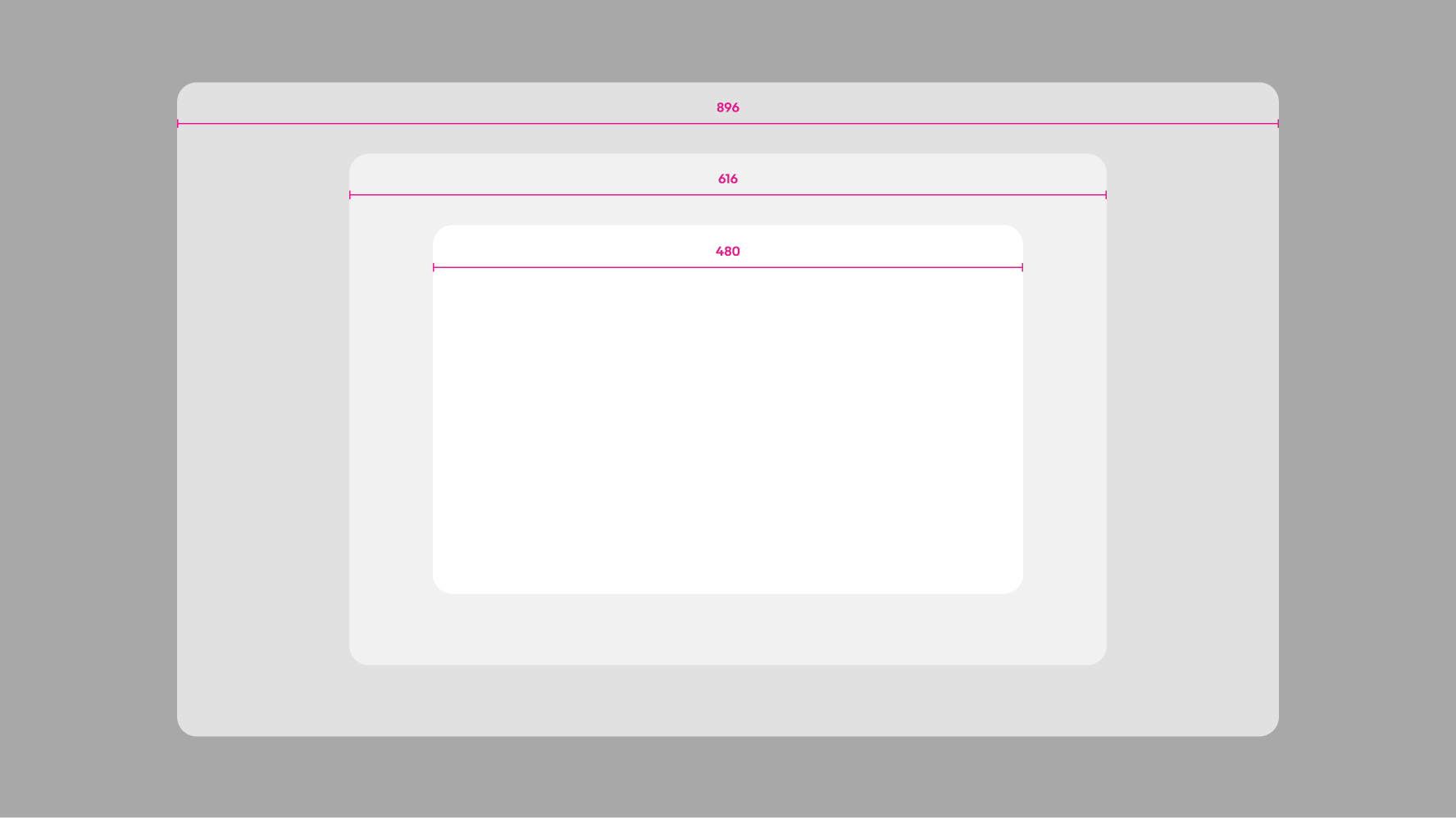 3 dialog container examples overlayed over each other showing the 3 width available of narrow, regular, and wide.